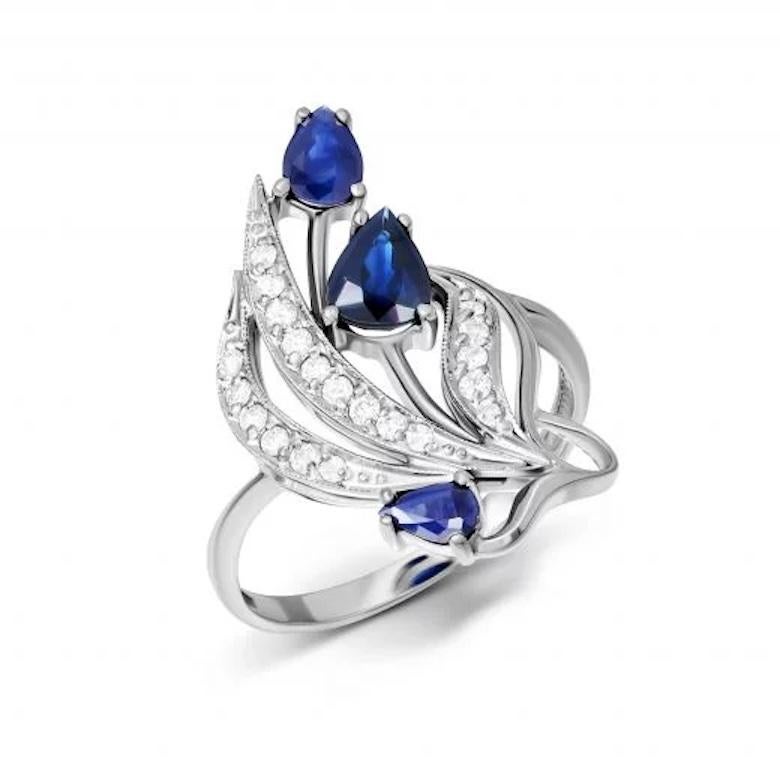Baguette Cut Modern Diamond Blue Sapphire White 14k Gold Ring for Her For Sale