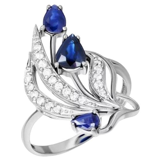 Modern Diamond Blue Sapphire White 14k Gold Ring for Her For Sale