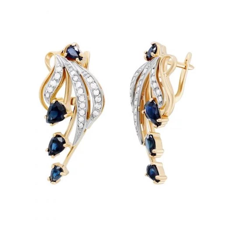 Modern Diamond Blue Sapphire Yellow 14k Gold Earrings for Her In Fair Condition For Sale In Montreux, CH