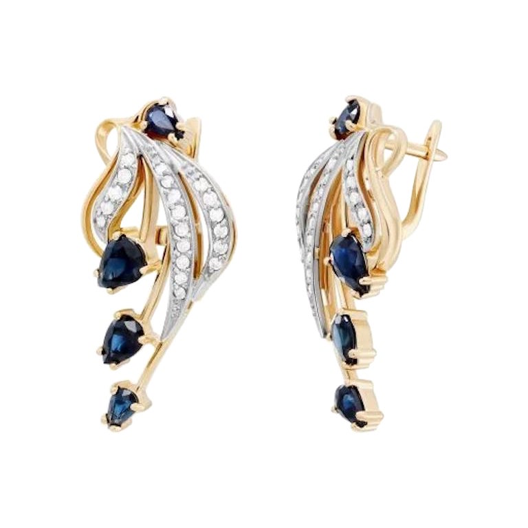 Pendientes modernos de diamante zafiro azul amarillo de oro de 14k para ella
