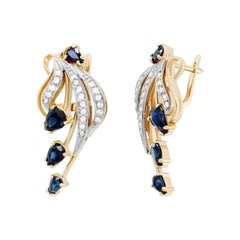 Pendientes modernos de diamante zafiro azul amarillo de oro de 14k para ella