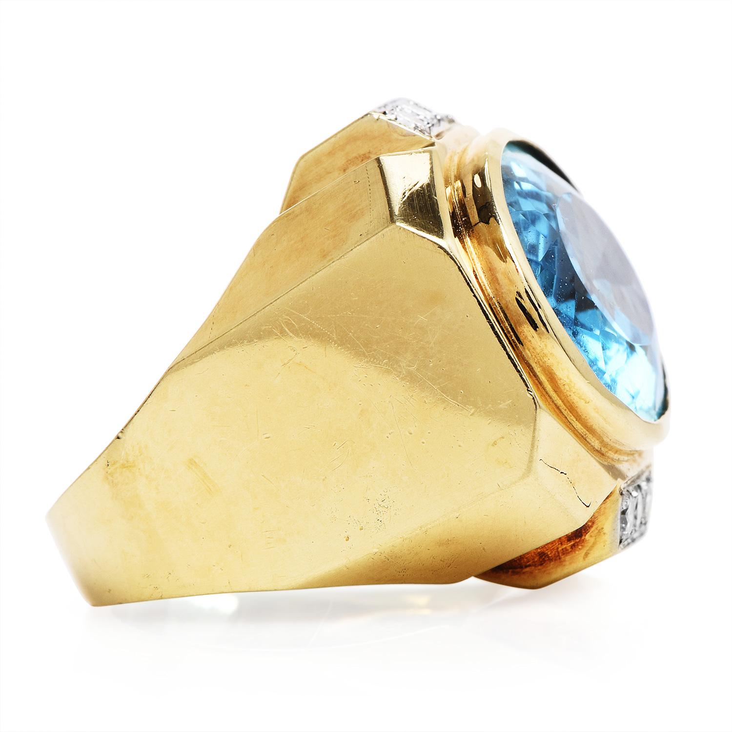 Oval Cut Modern Diamond Blue Topaz 14K Yellow Gold Geometric Cocktail Ring