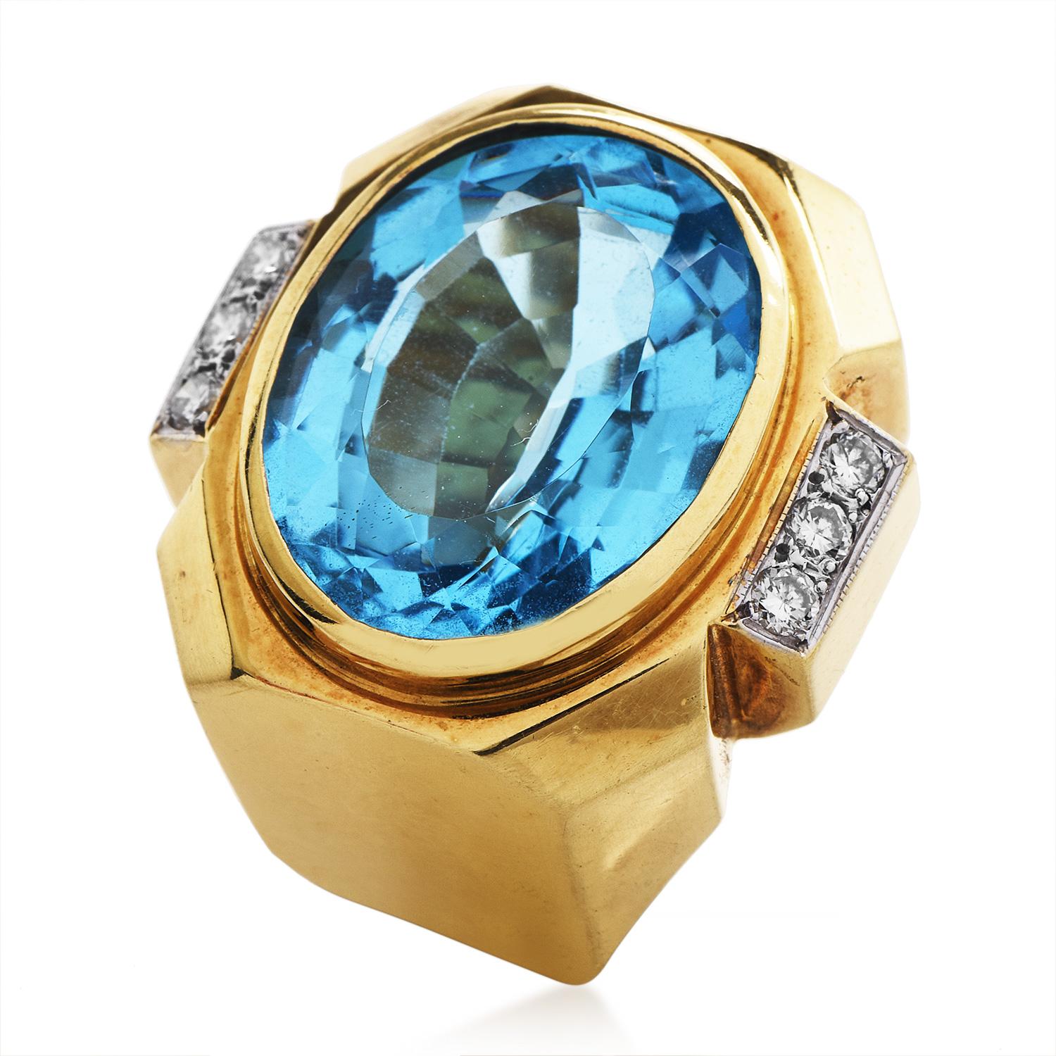 Women's Modern Diamond Blue Topaz 14K Yellow Gold Geometric Cocktail Ring