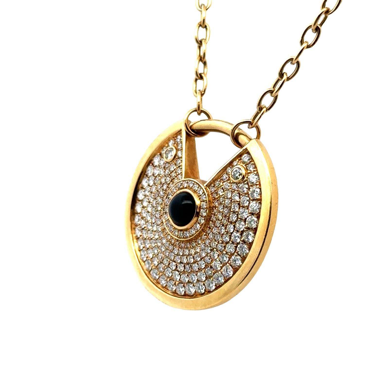 Round Cut Modern Diamond Cabochon Onyx 18 Karat Yellow Gold Amulette Pendant Necklace For Sale