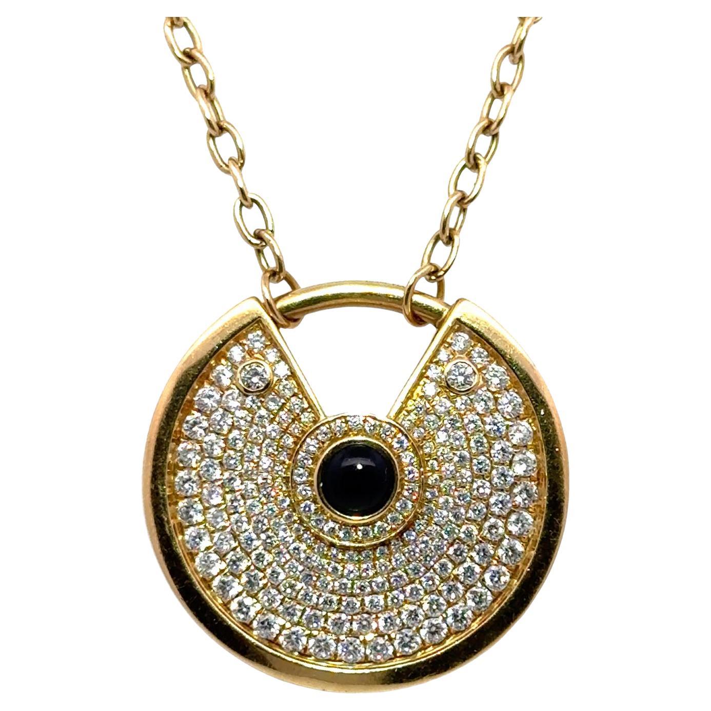 Modern Diamond Cabochon Onyx 18 Karat Yellow Gold Amulette Pendant Necklace For Sale