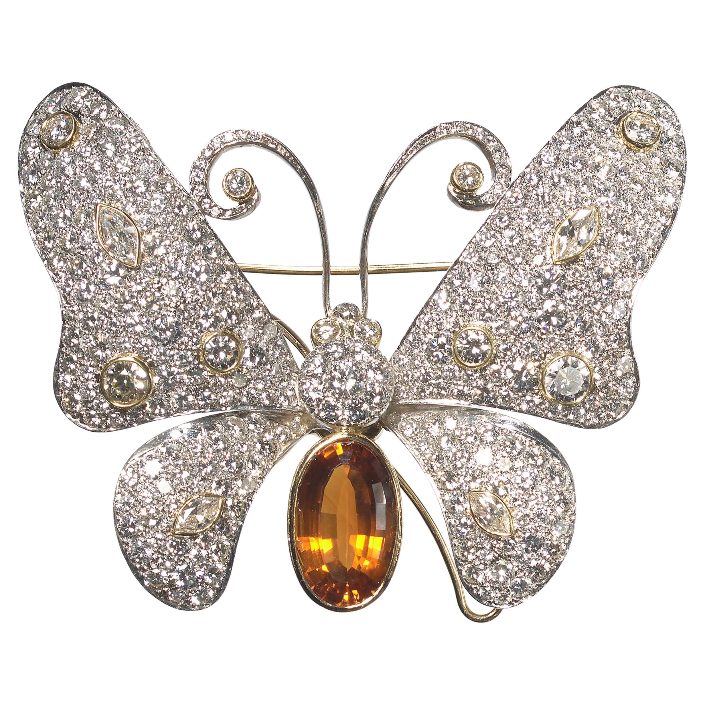 Moderne Schmetterlingsbrosche aus Diamant, Citrin und Platin, 14,60 Karat