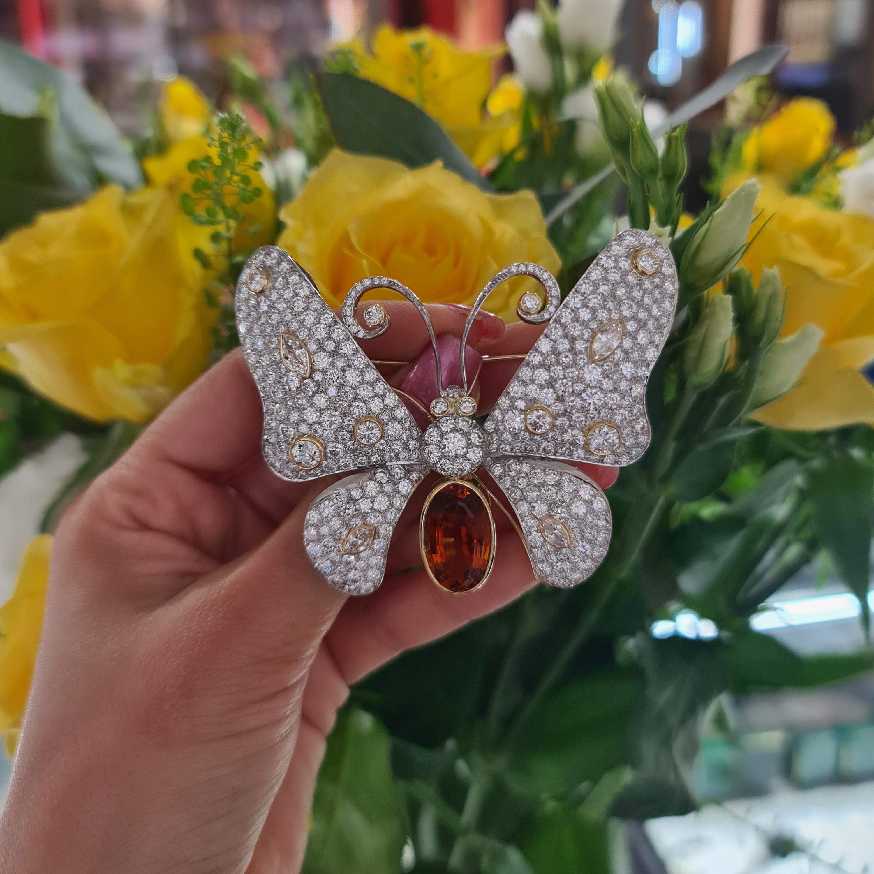 Cushion Cut Modern Diamond, Citrine and Platinum Butterfly Brooch For Sale