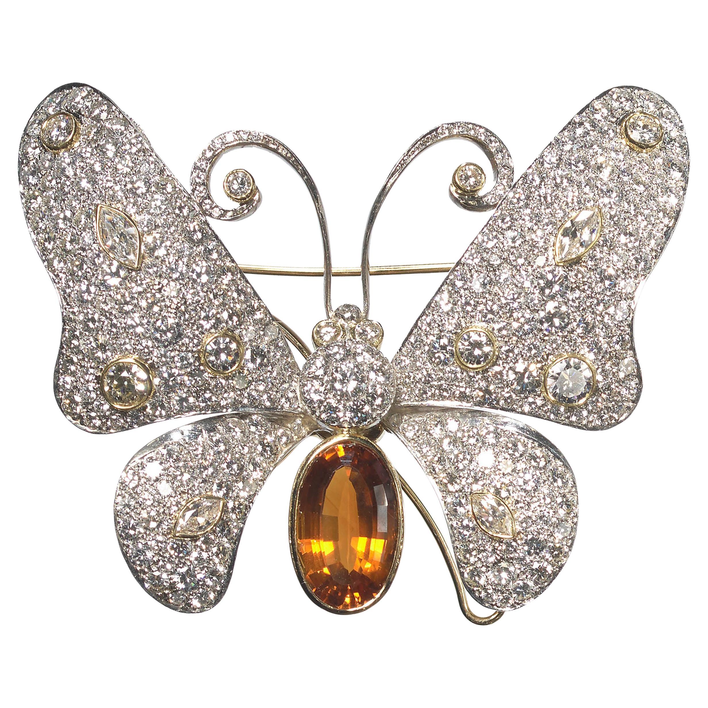 Modern Diamond, Citrine and Platinum Butterfly Brooch For Sale