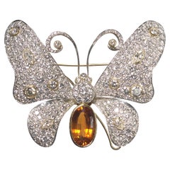 Broche papillon moderne en diamant, citrine et platine