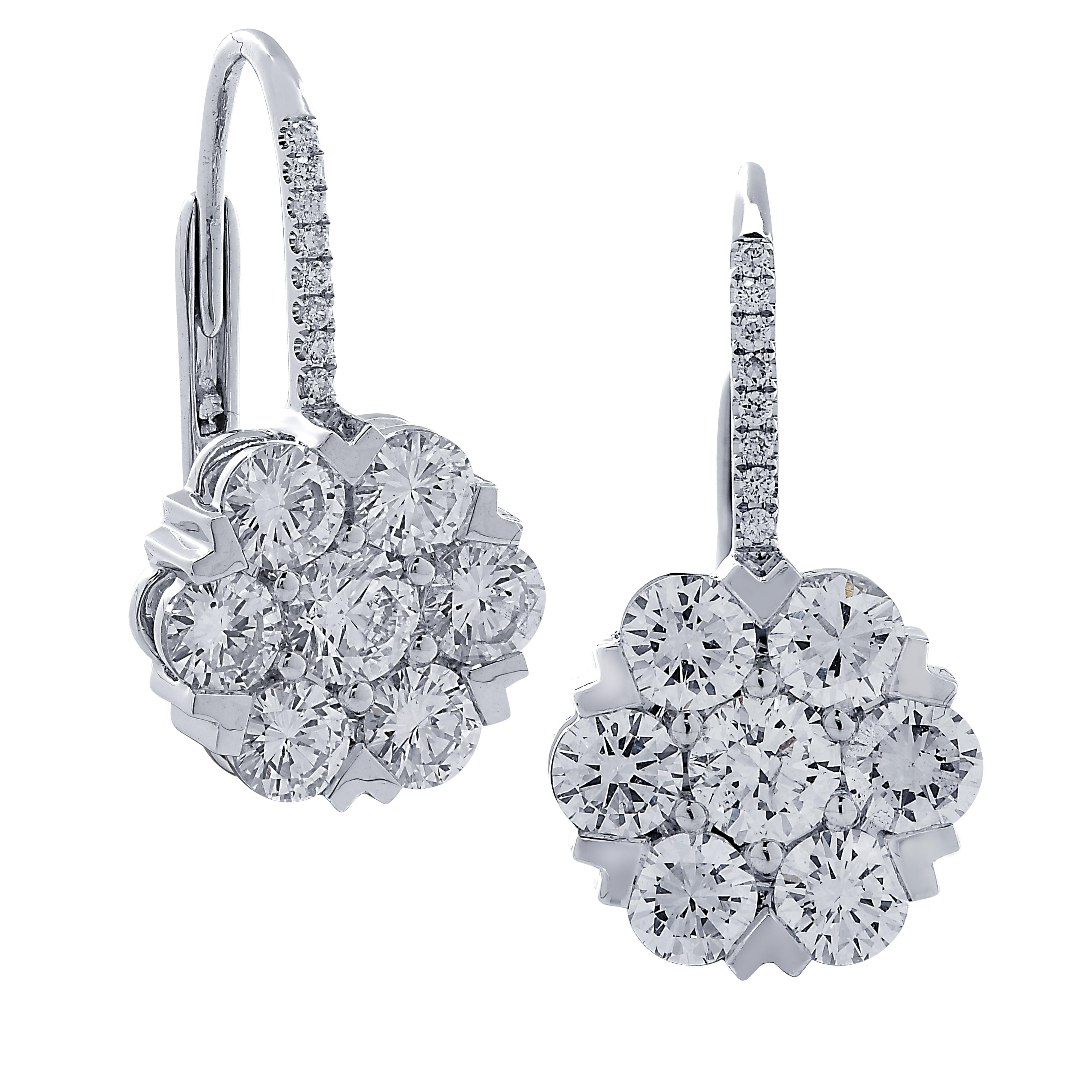 Round Cut Modern Diamond Drop 18 Karat White Gold Earrings