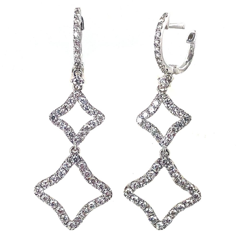Round Cut Modern Diamond Quatrefoil Drop 18 Karat White Gold Earrings