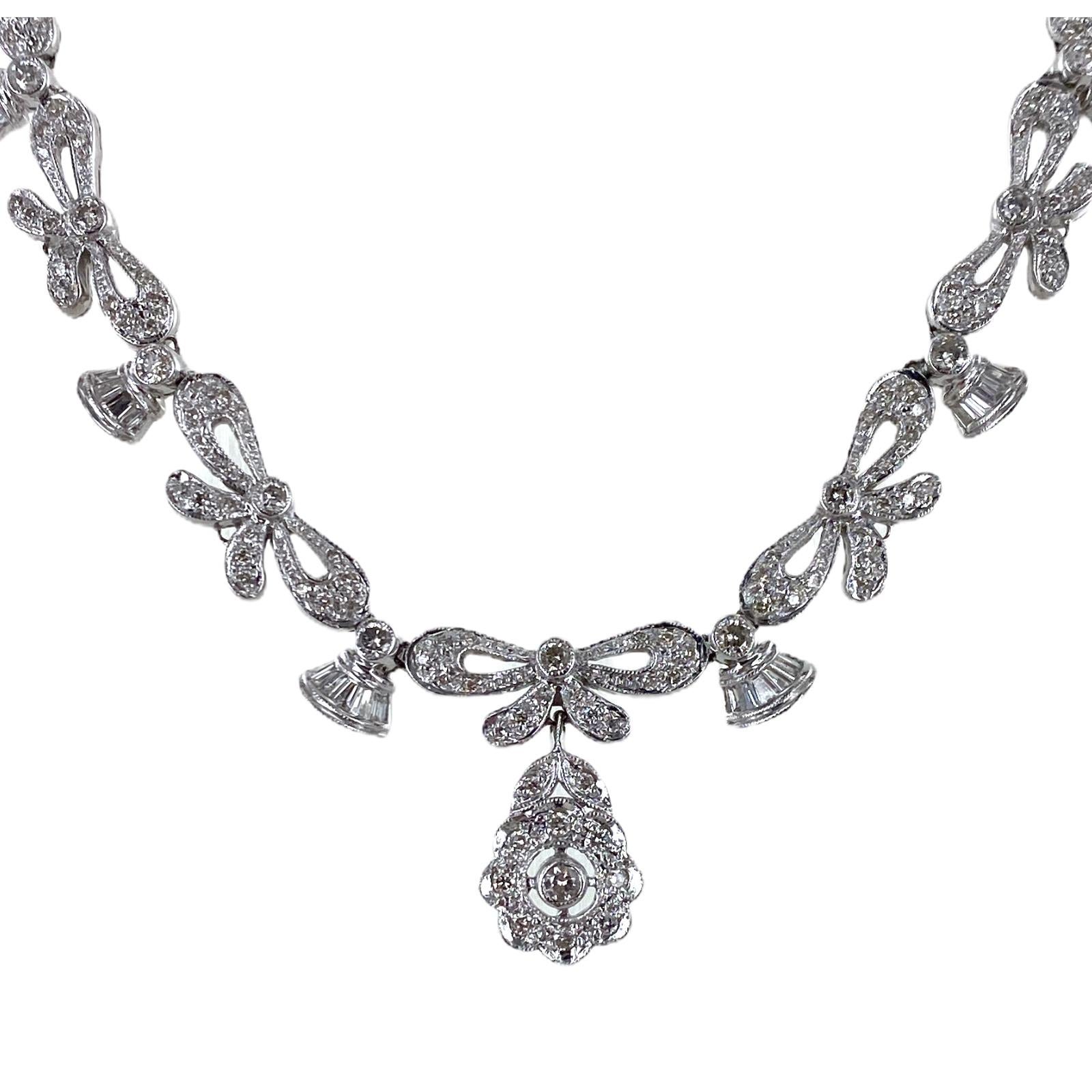 Women's Modern Diamond Drop 18 Karat White Gold Floral Link Necklace