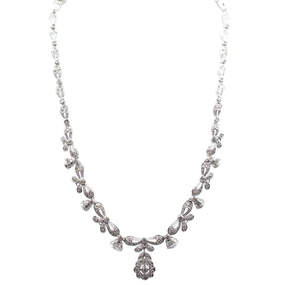 Modern Diamond Drop 18 Karat White Gold Floral Link Necklace