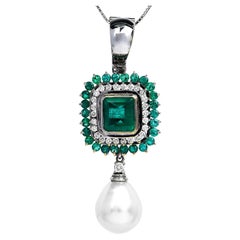 Modern Diamond Emerald Pearl 18K Gold Double Halo Pendant Enhancer