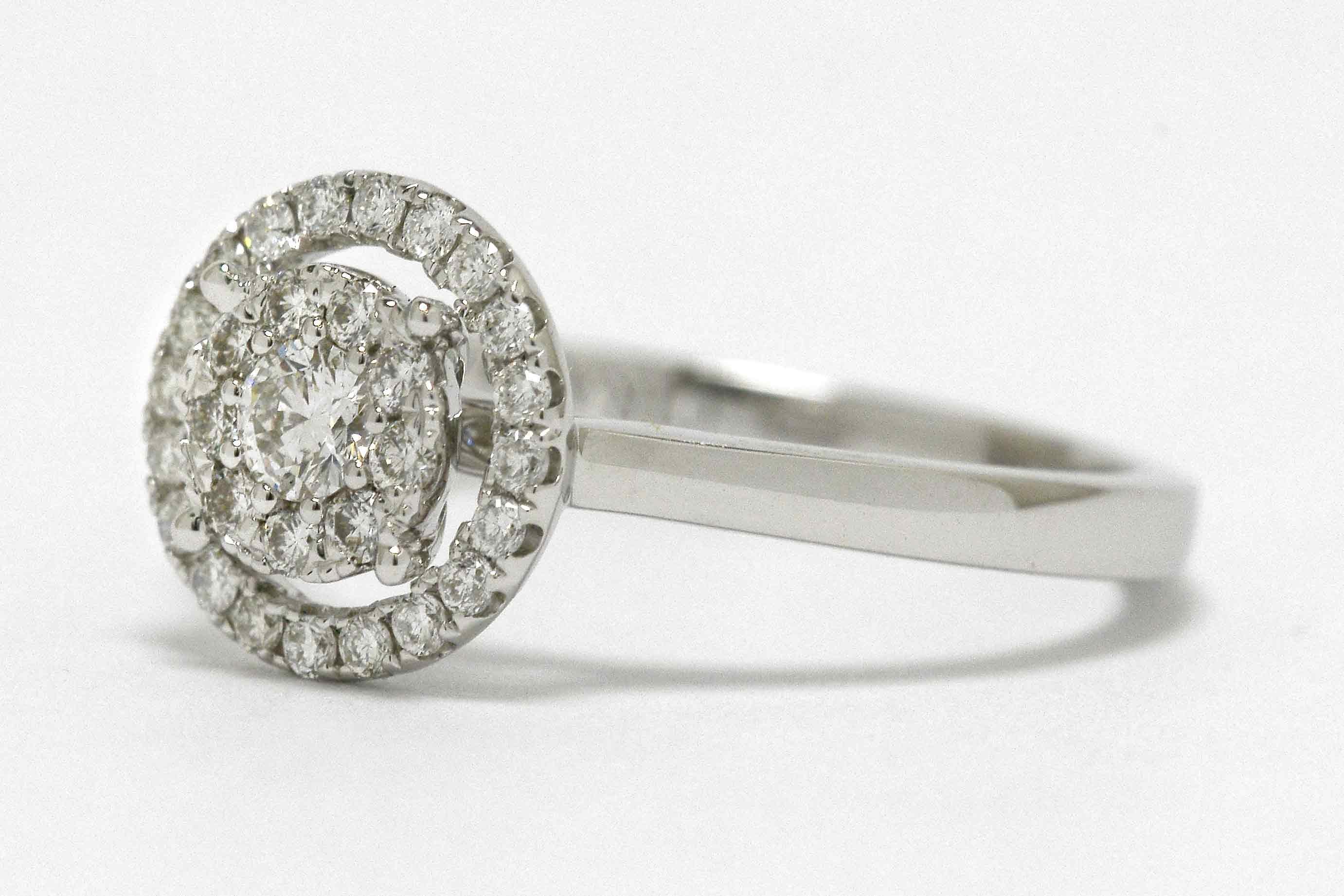 Modern Diamond Ring Art Deco Inspired Halo Cluster 18 Karat White Gold In New Condition In Santa Barbara, CA