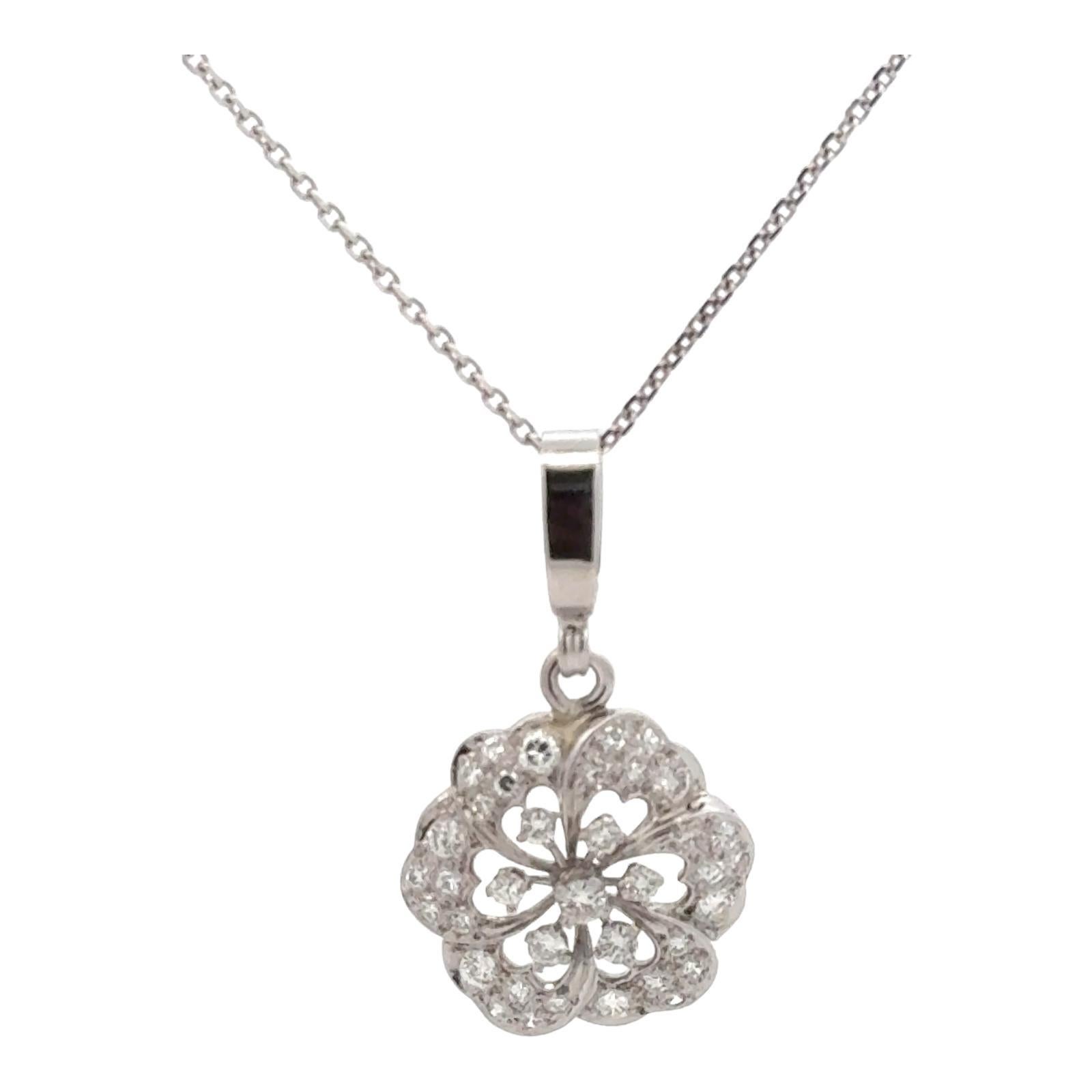 Brilliant Cut Modern Diamond Floral Platinum 14 Karat White Gold Pendant Necklace For Sale
