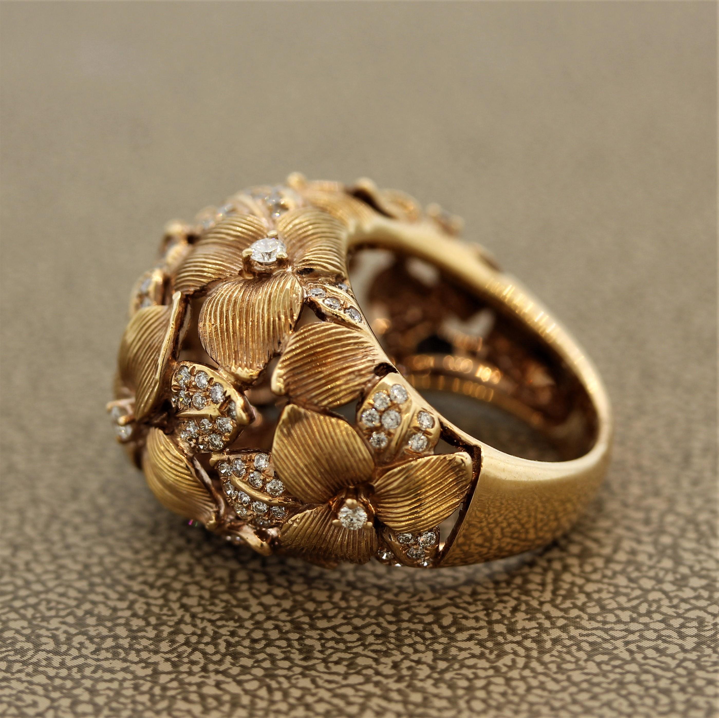 Round Cut Modern Diamond Foliage Floral Gold Ring