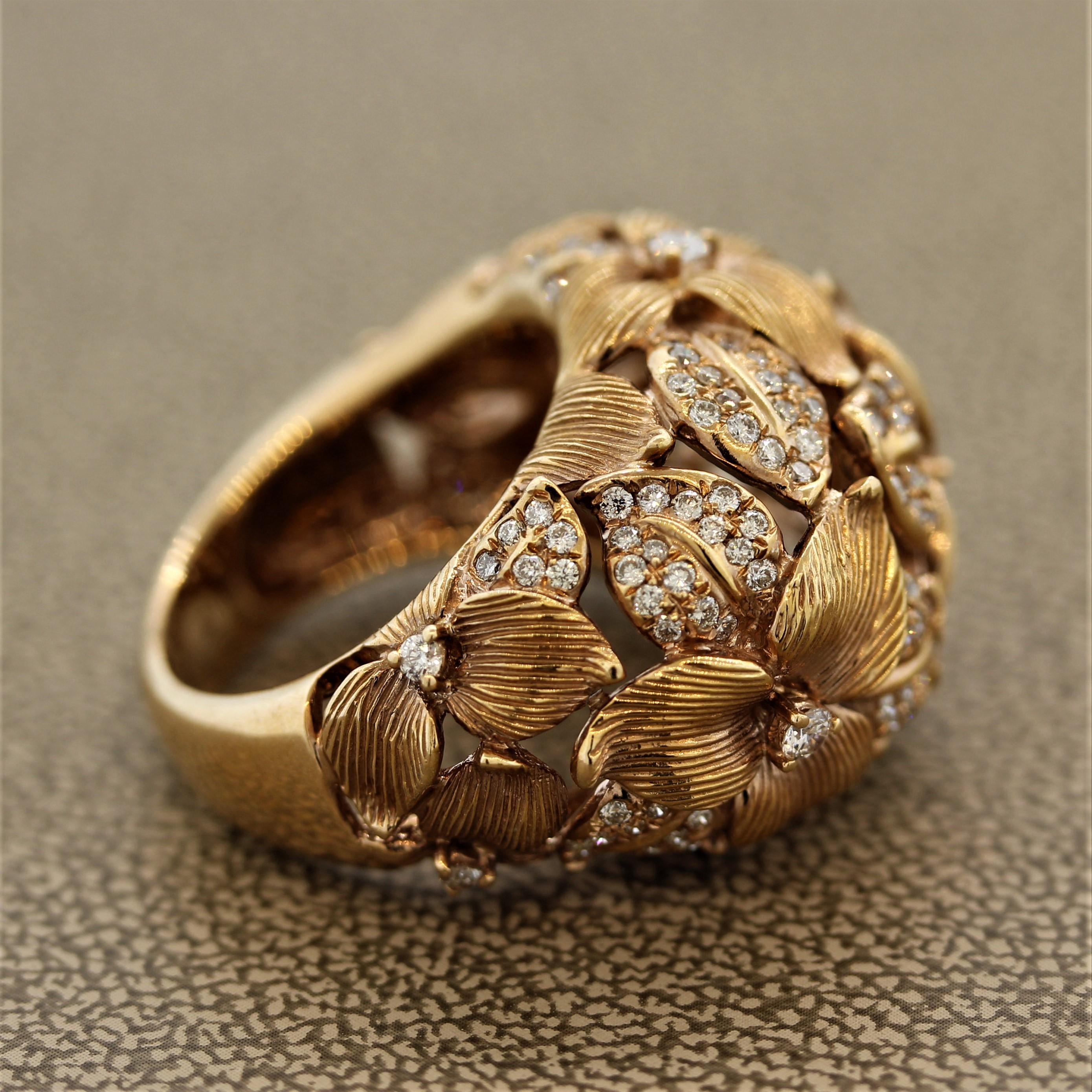 Women's Modern Diamond Foliage Floral Gold Ring