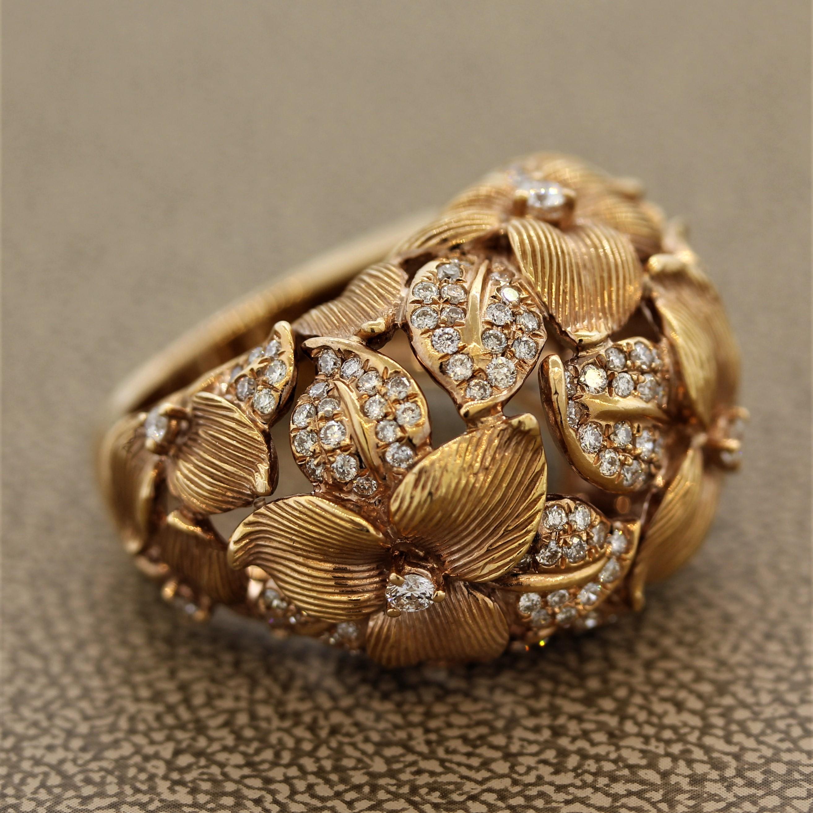 Modern Diamond Foliage Floral Gold Ring 1