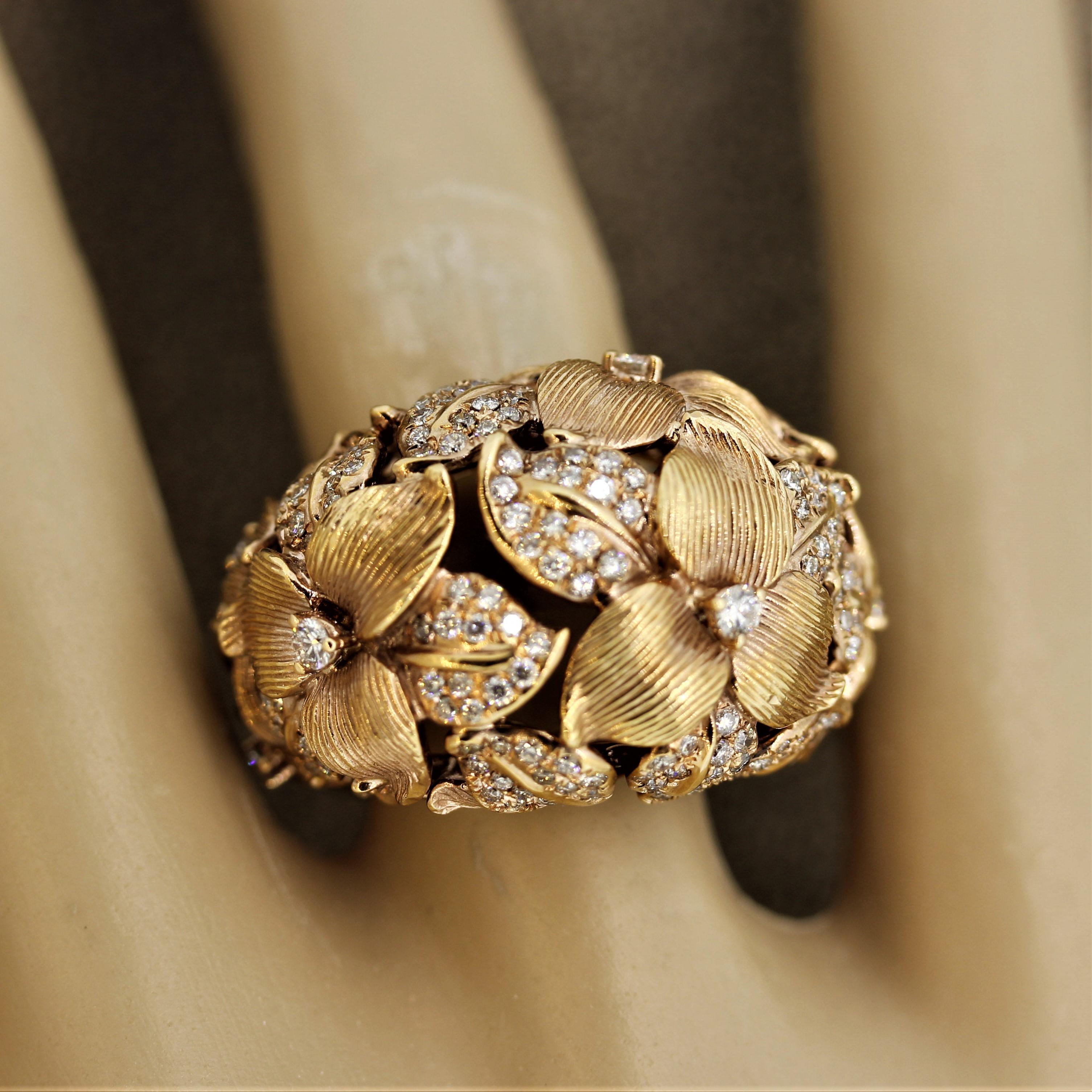 Modern Diamond Foliage Floral Gold Ring 2