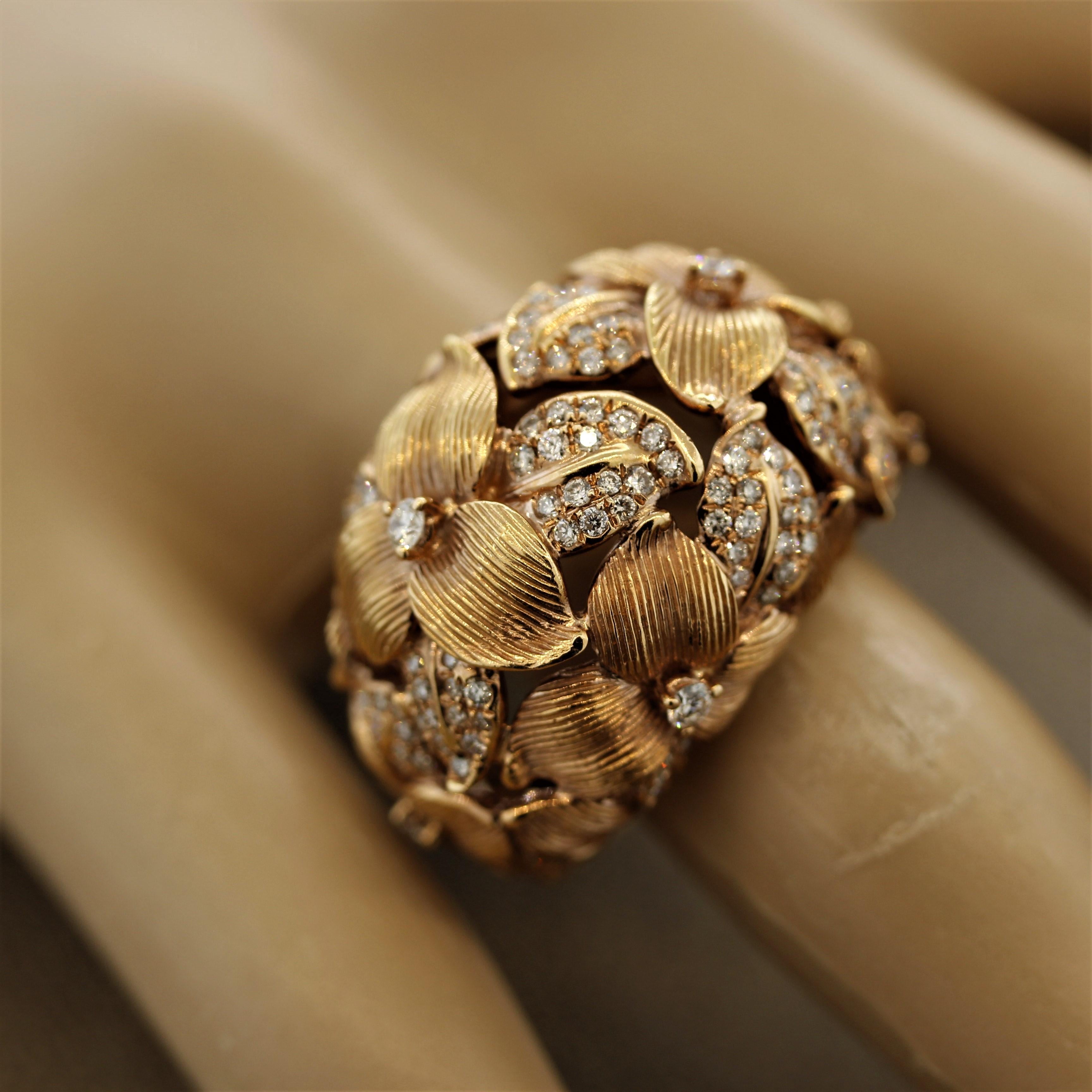 Modern Diamond Foliage Floral Gold Ring 3