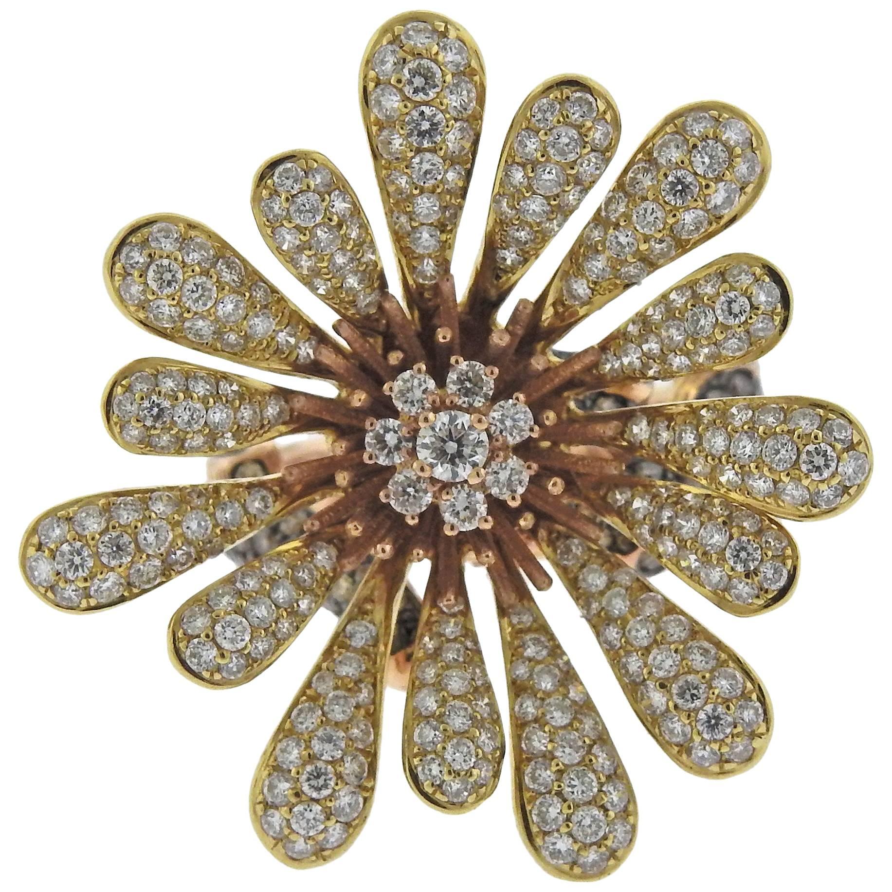 Modern Diamond Gold Flower Cocktail Ring For Sale