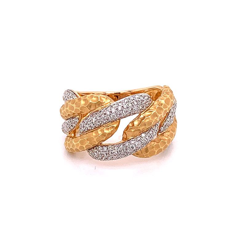 A unique diamond ring made in 18k rose gold with a hammered textured finish. It is accented by 0.57 carats of round brilliant cut diamonds which are complemented by the color of the rose gold. Smooth on the finger, it can be worn everyday. 


Ring