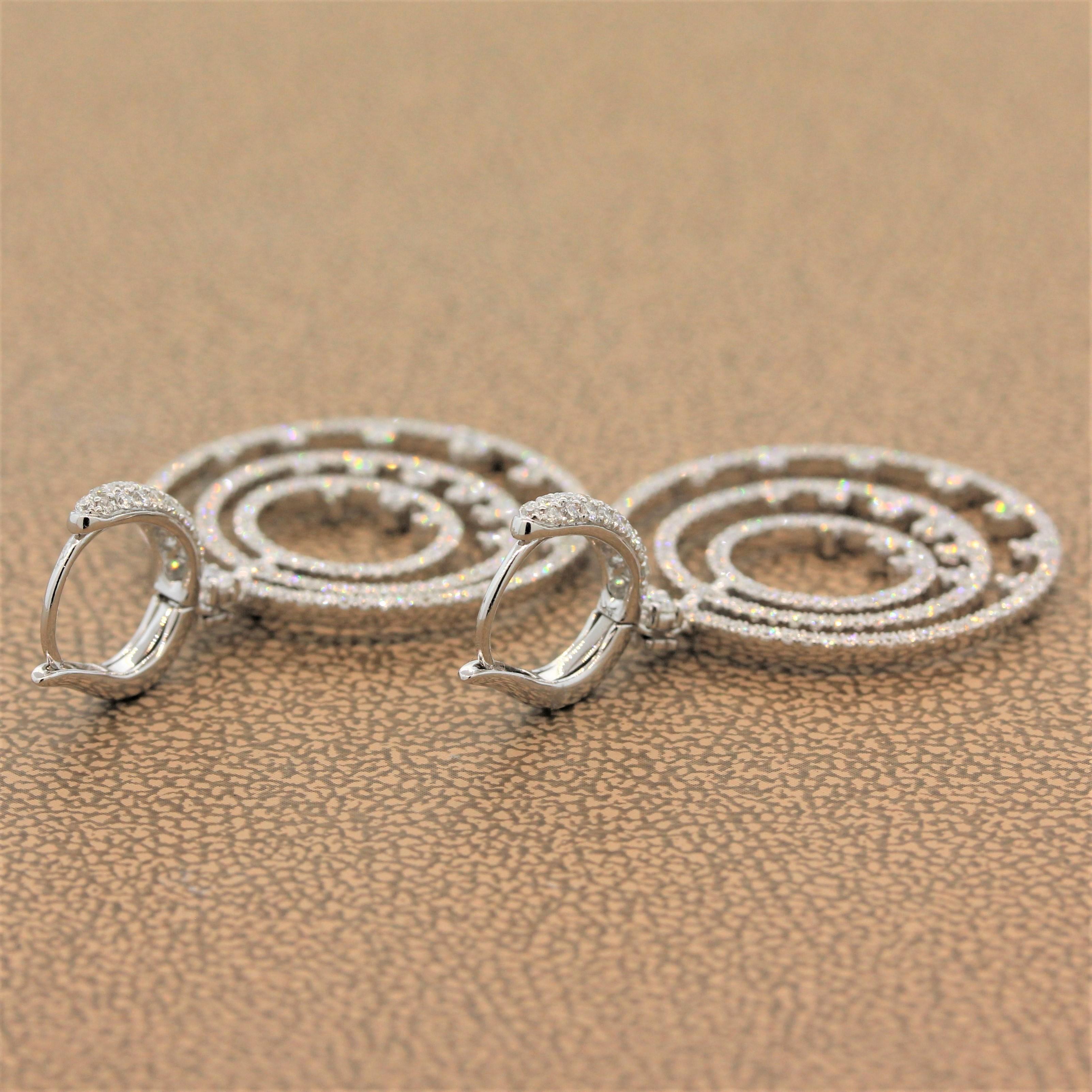 Women's Modern Diamond Gold Triple-Hoop Drop Earrings For Sale