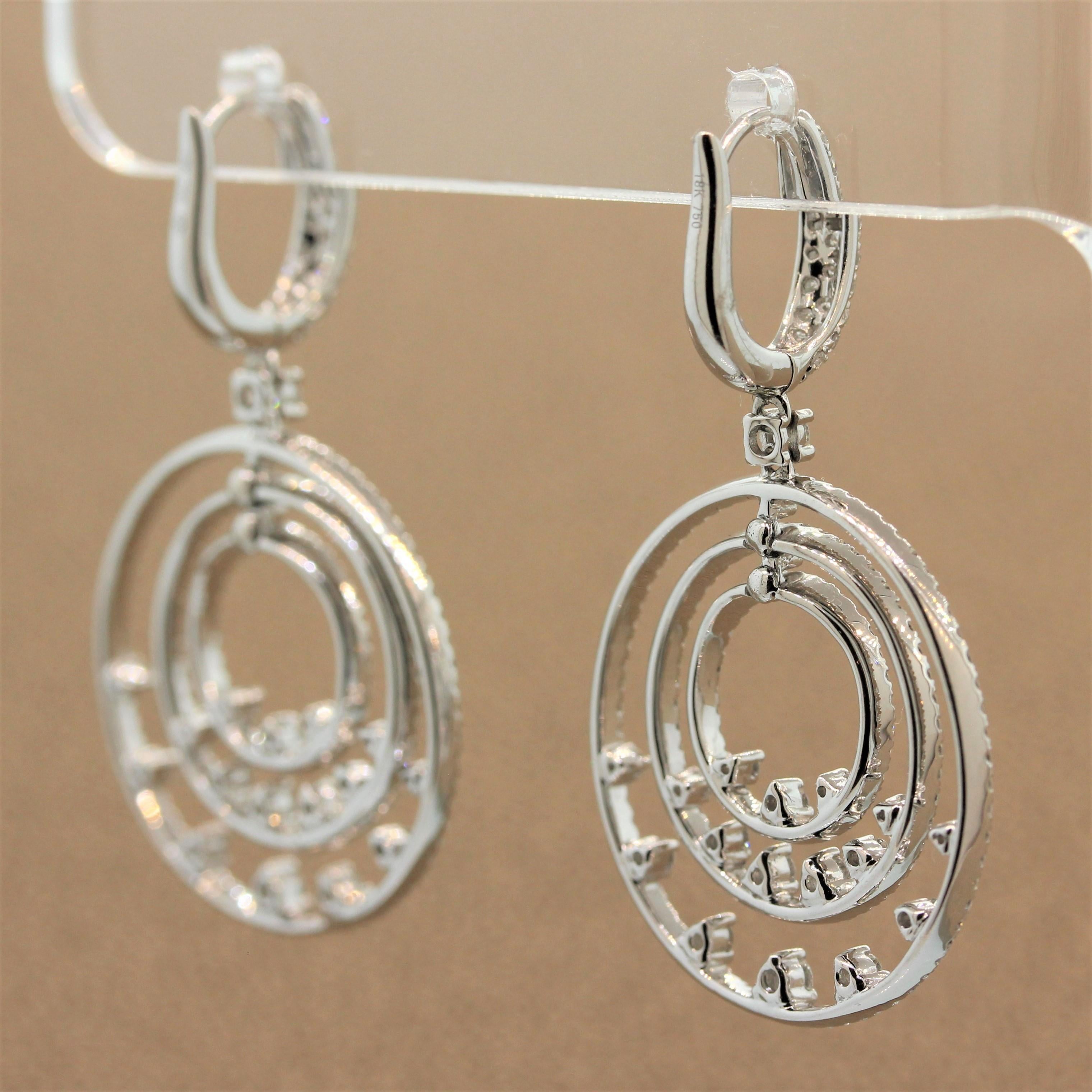 Modern Diamond Gold Triple-Hoop Drop Earrings For Sale 1