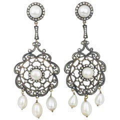 Modern, Diamond Halo and Pearl, Gold and Sterling Dangling, Post Earrings