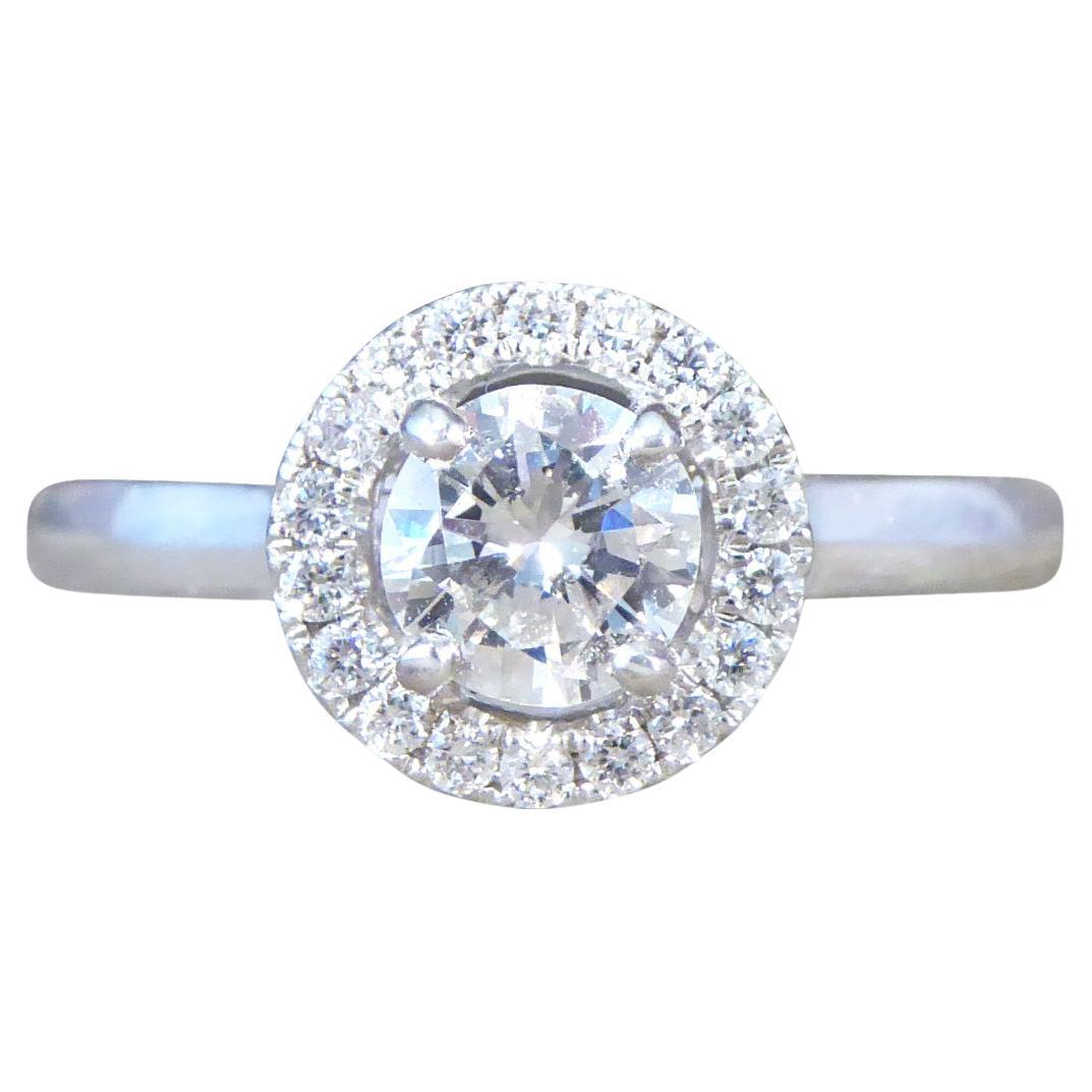 Modern Diamond Halo Cluster Wedfit Engagement Ring in Platinum For Sale