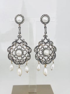 Modern, Diamond Halo and Pearl, Gold and Sterling Dangling, Post Earrings