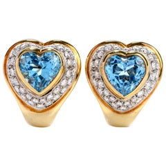 Modern Diamond Heart Blue Topaz 18 Karat Yellow Gold Clip-Back Earrings