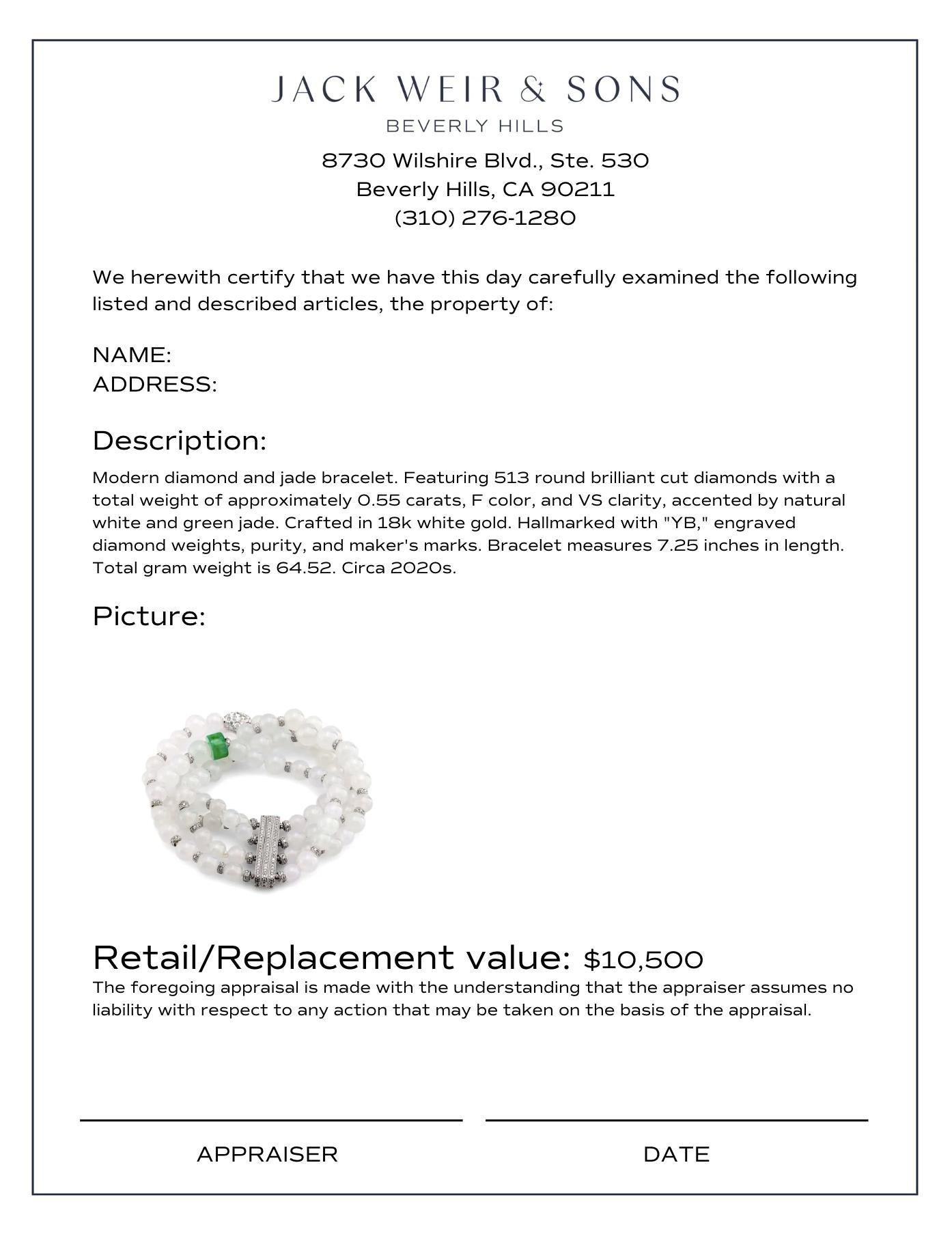 Femenino o masculino Pulsera moderna de oro blanco de 18 quilates con jade y diamantes