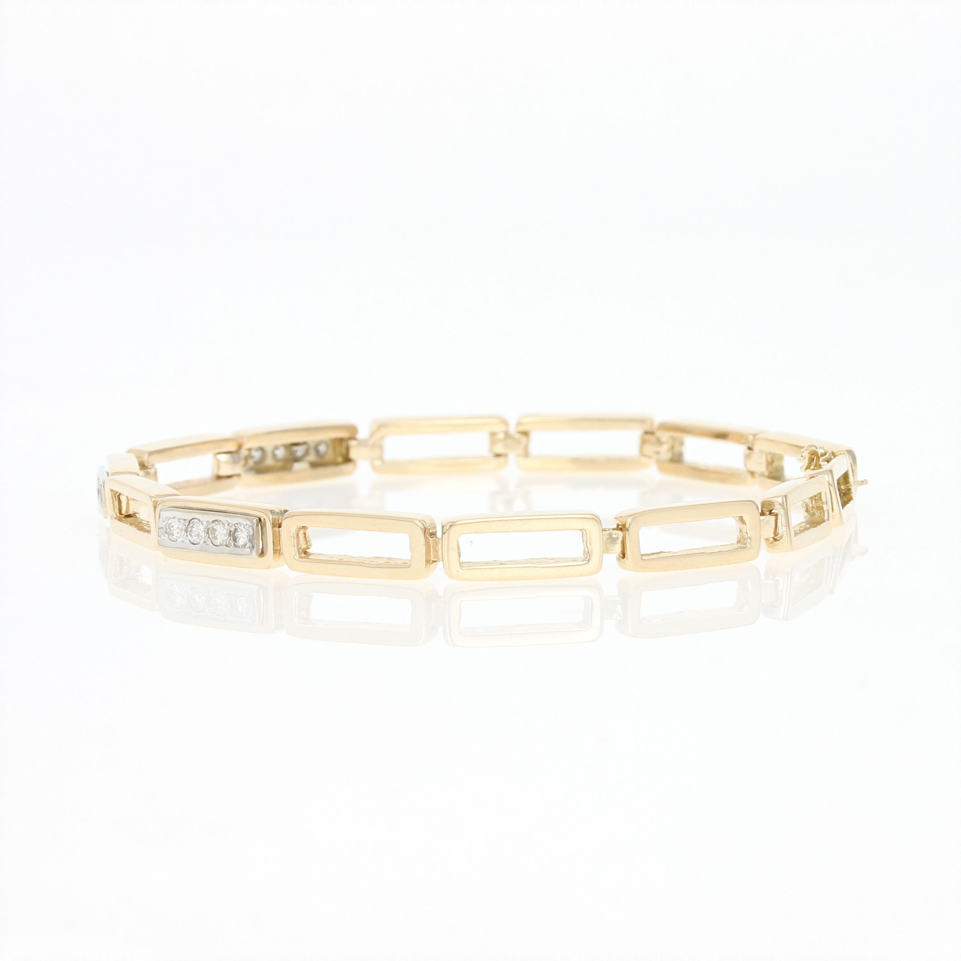 Featuring a sleek, contemporary silhouette, this 14k yellow gold bracelet showcases open cut rectangular-shaped links that are smoothly finished for a highly reflective shine. Set towards the center of the bracelet are three rows of sparkling