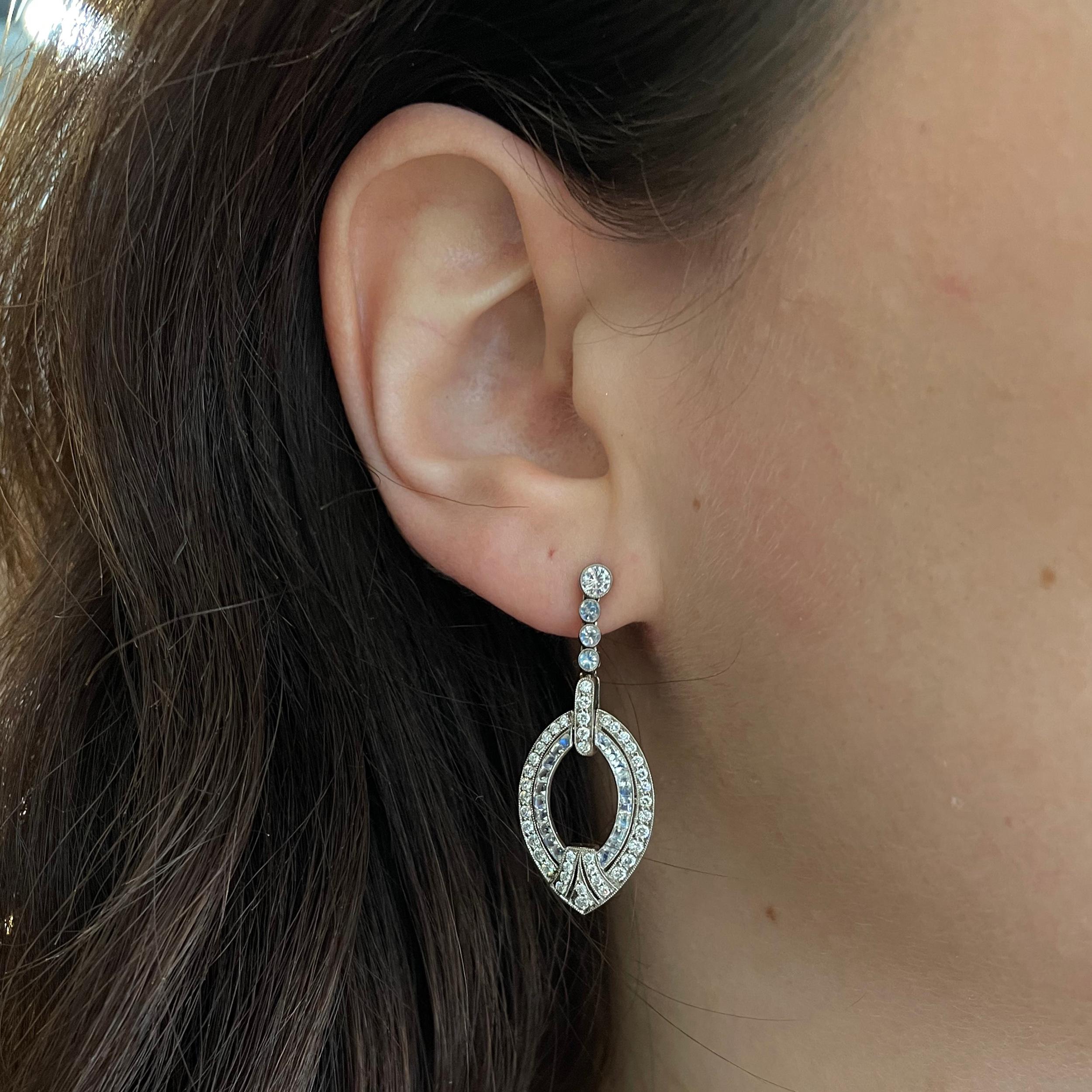 Contemporary Modern Diamond, Moonstone and White Gold Earrings, 3.50 Carats For Sale