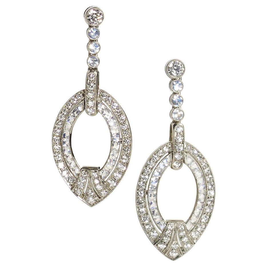 Modern Diamond, Moonstone and White Gold Earrings, 3.50 Carats For Sale