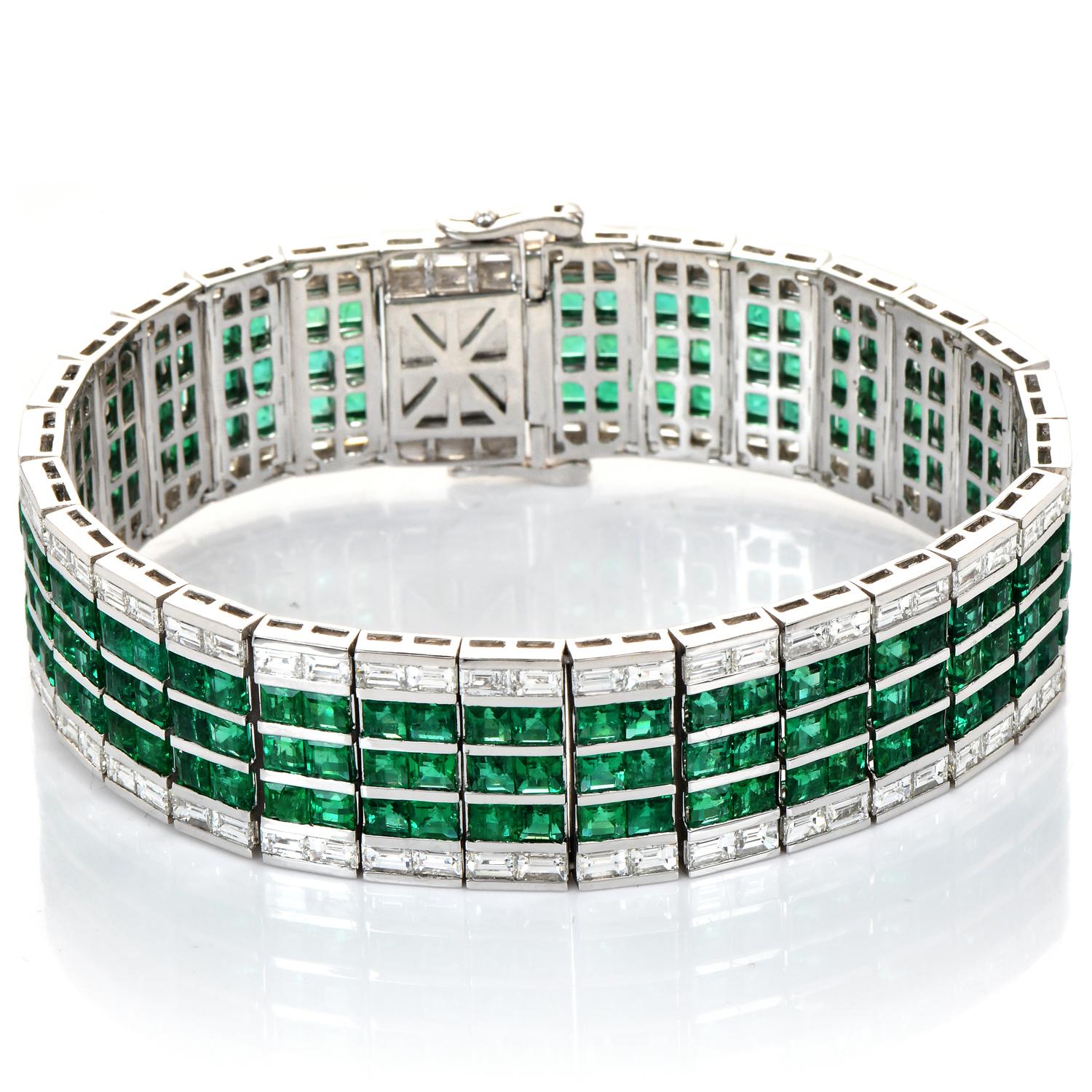 Women's or Men's Modern Diamond Natural Colombian Emerald 18K Gold Cocktail Bracelet For Sale