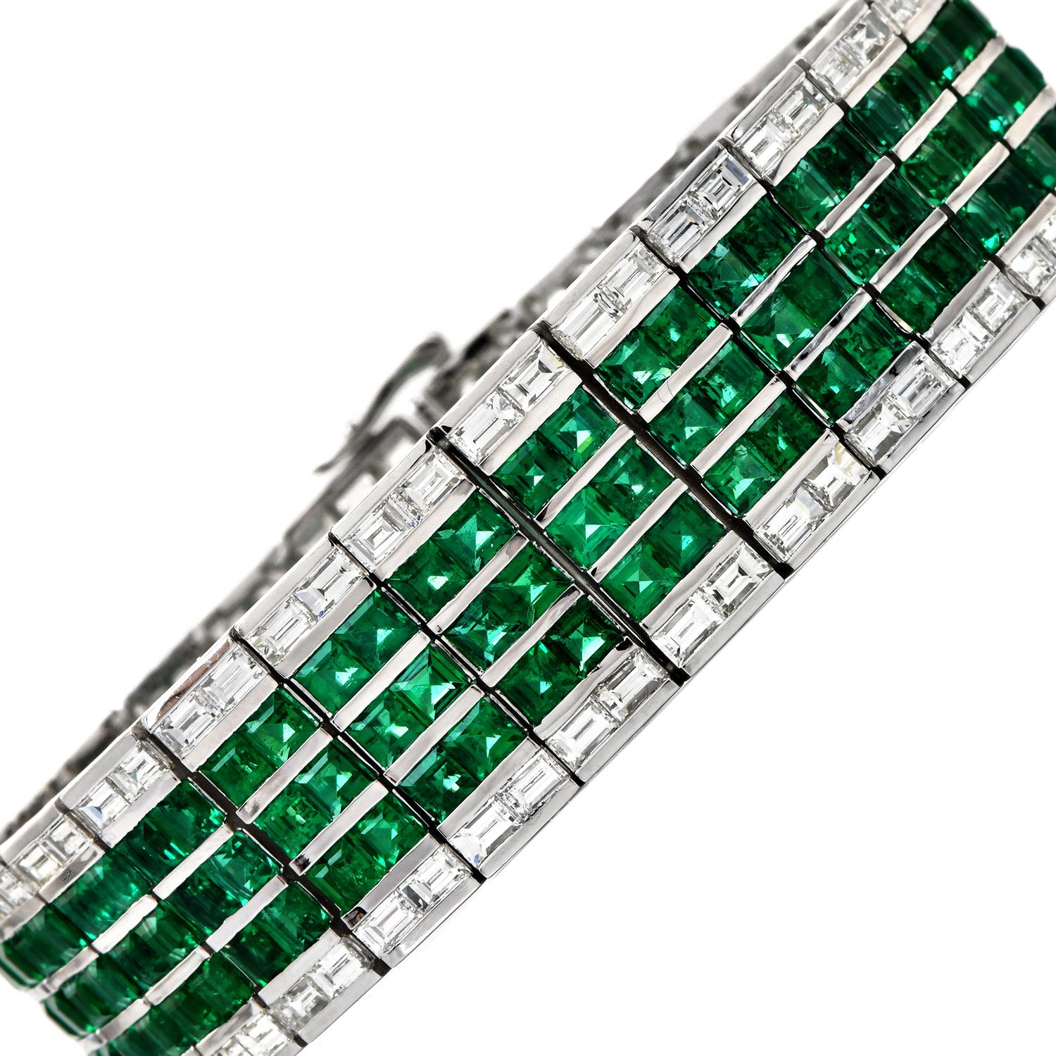 Modern Diamond Natural Colombian Emerald 18K Gold Cocktail Bracelet For Sale 1