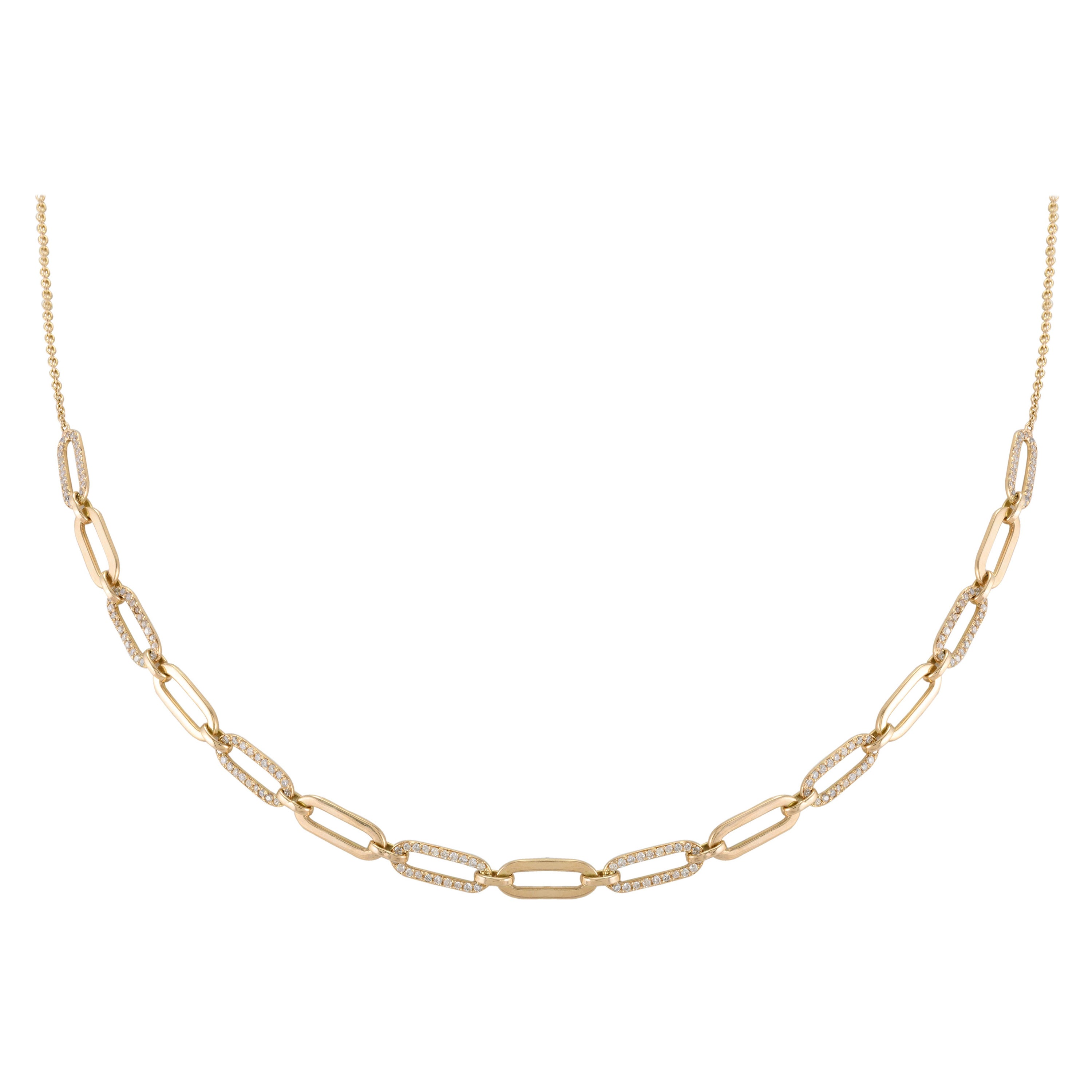 Moderno collar de cadena de diamantes en forma de clip en oro amarillo macizo de 14k para ella