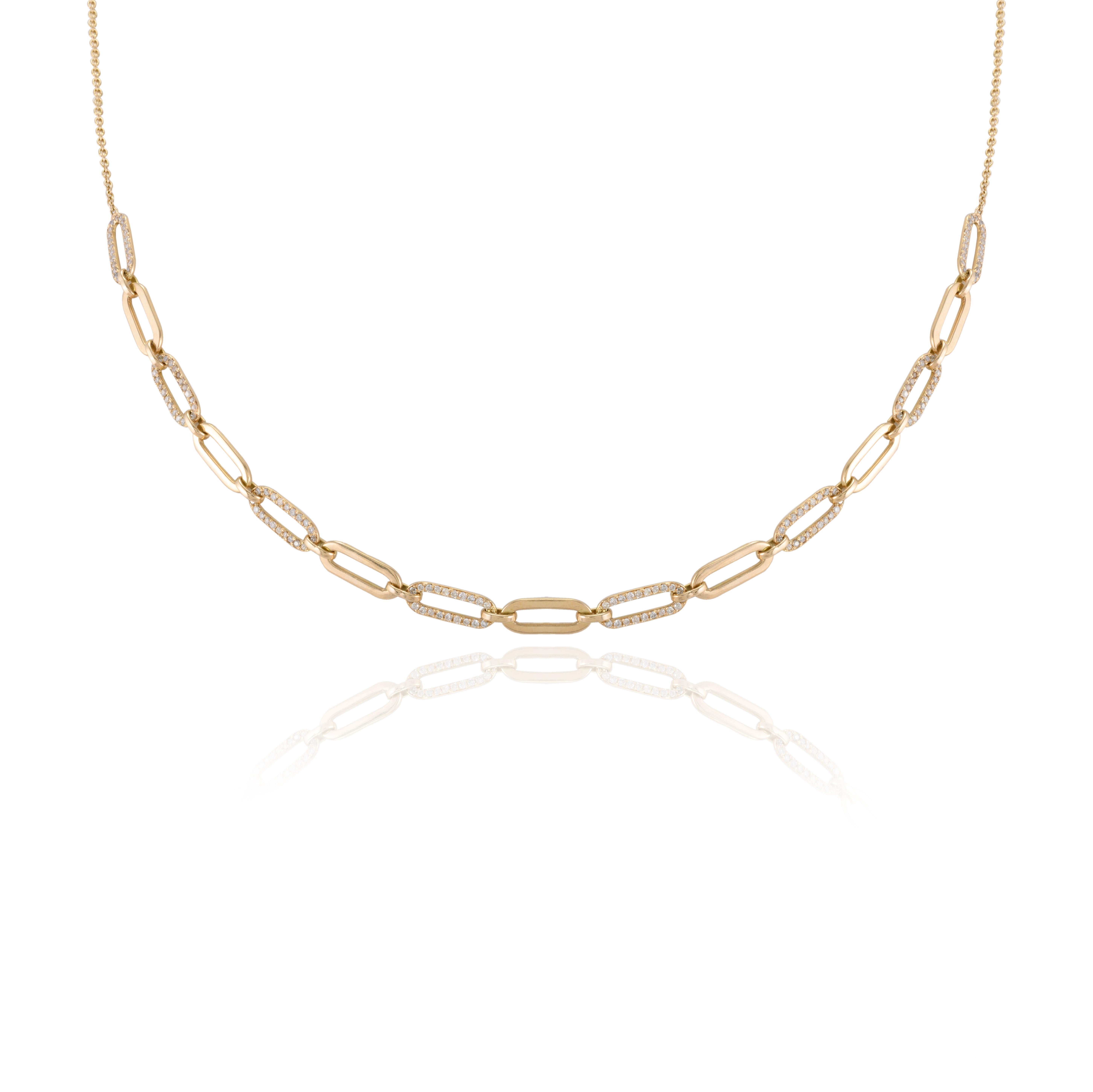 Modern Diamond Paperclip Chain Necklace in 14K gold studded with round cut diamond. This stunning piece of jewelry instantly elevates a casual look or dressy outfit. 
April birthstone diamond brings love, fame, success and prosperity.
Designed with