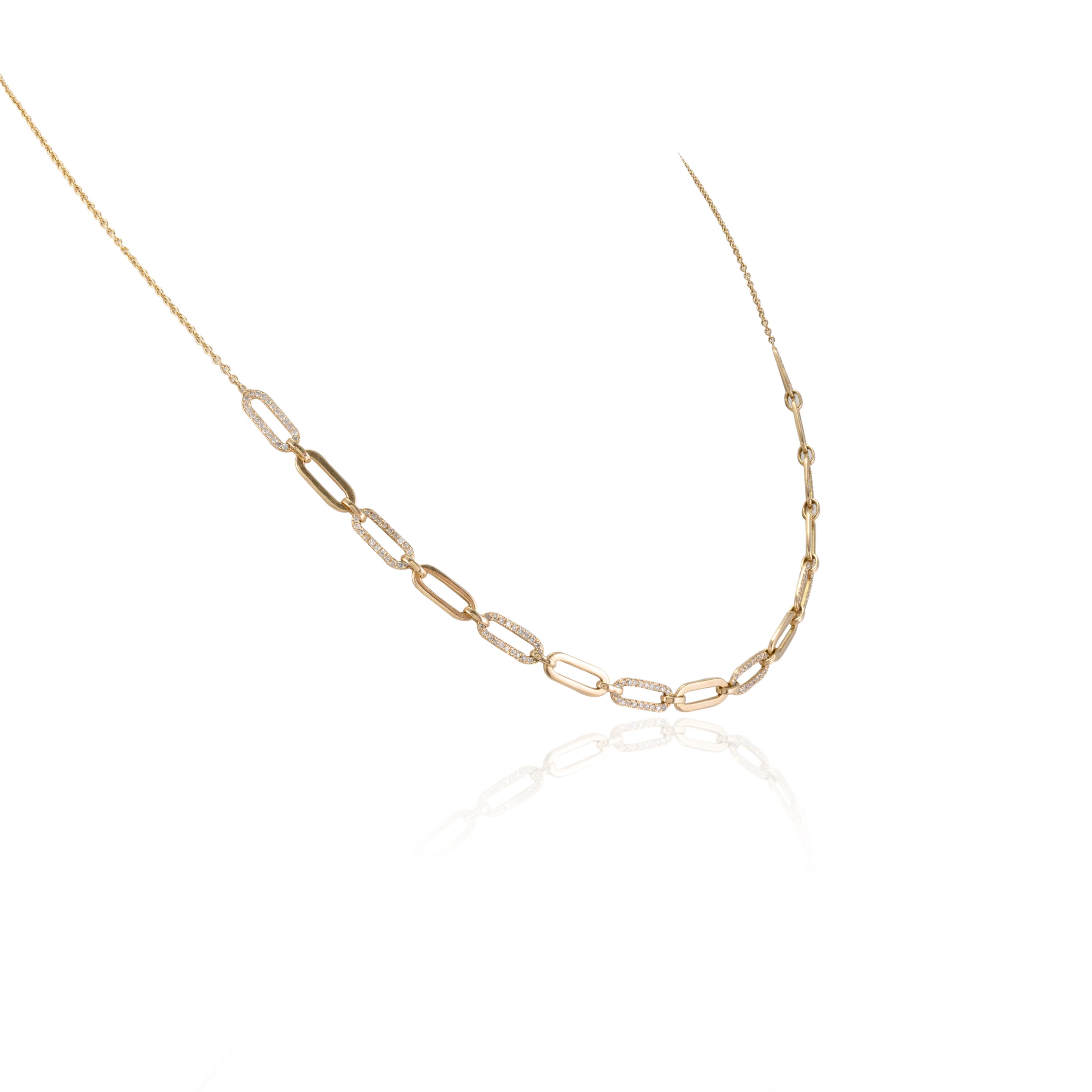 Modern Diamond Paperclip Chain Necklace in 14k Solid Yellow Gold For Her In New Condition For Sale In Houston, TX