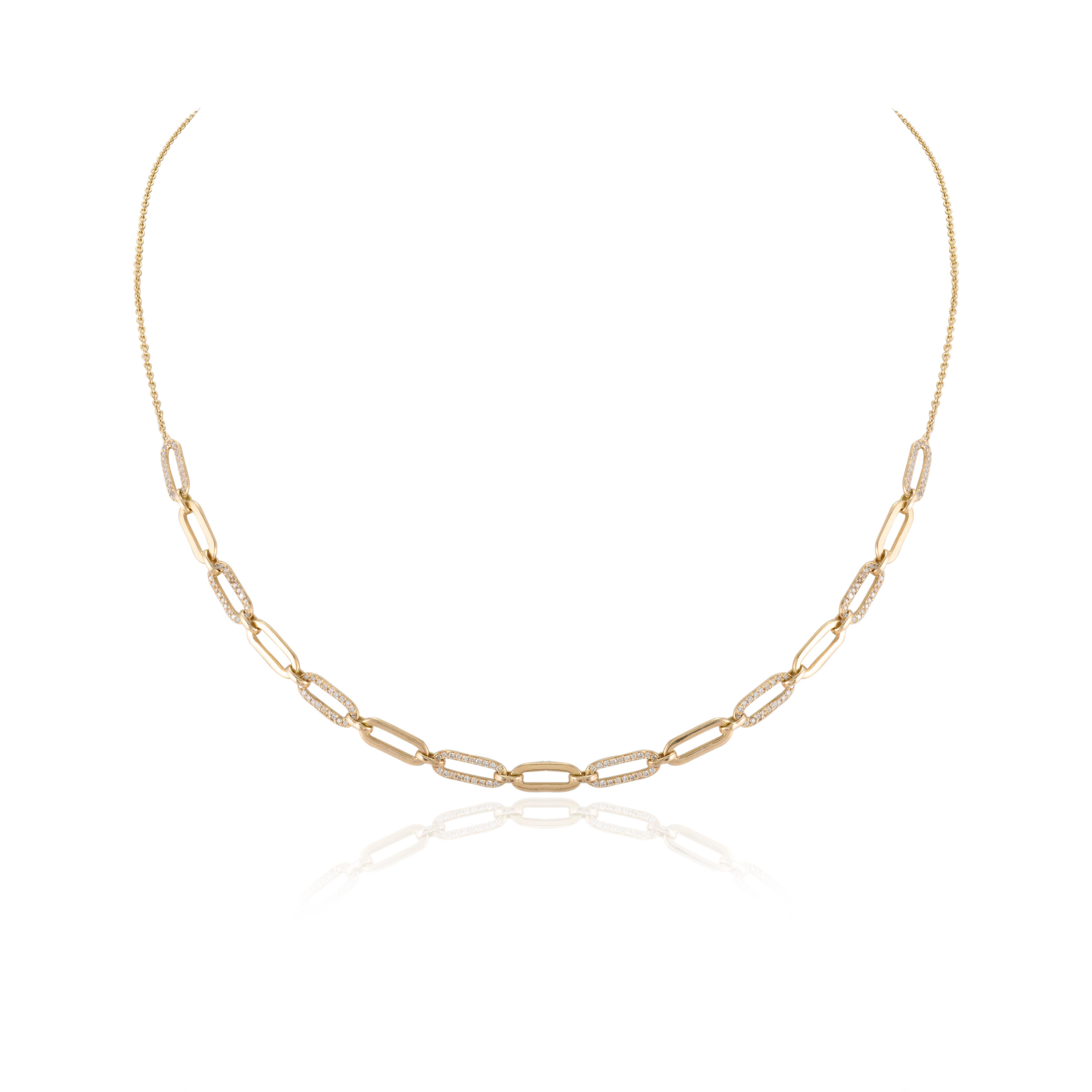 Women's Modern Diamond Paperclip Chain Necklace in 14k Solid Yellow Gold For Her For Sale