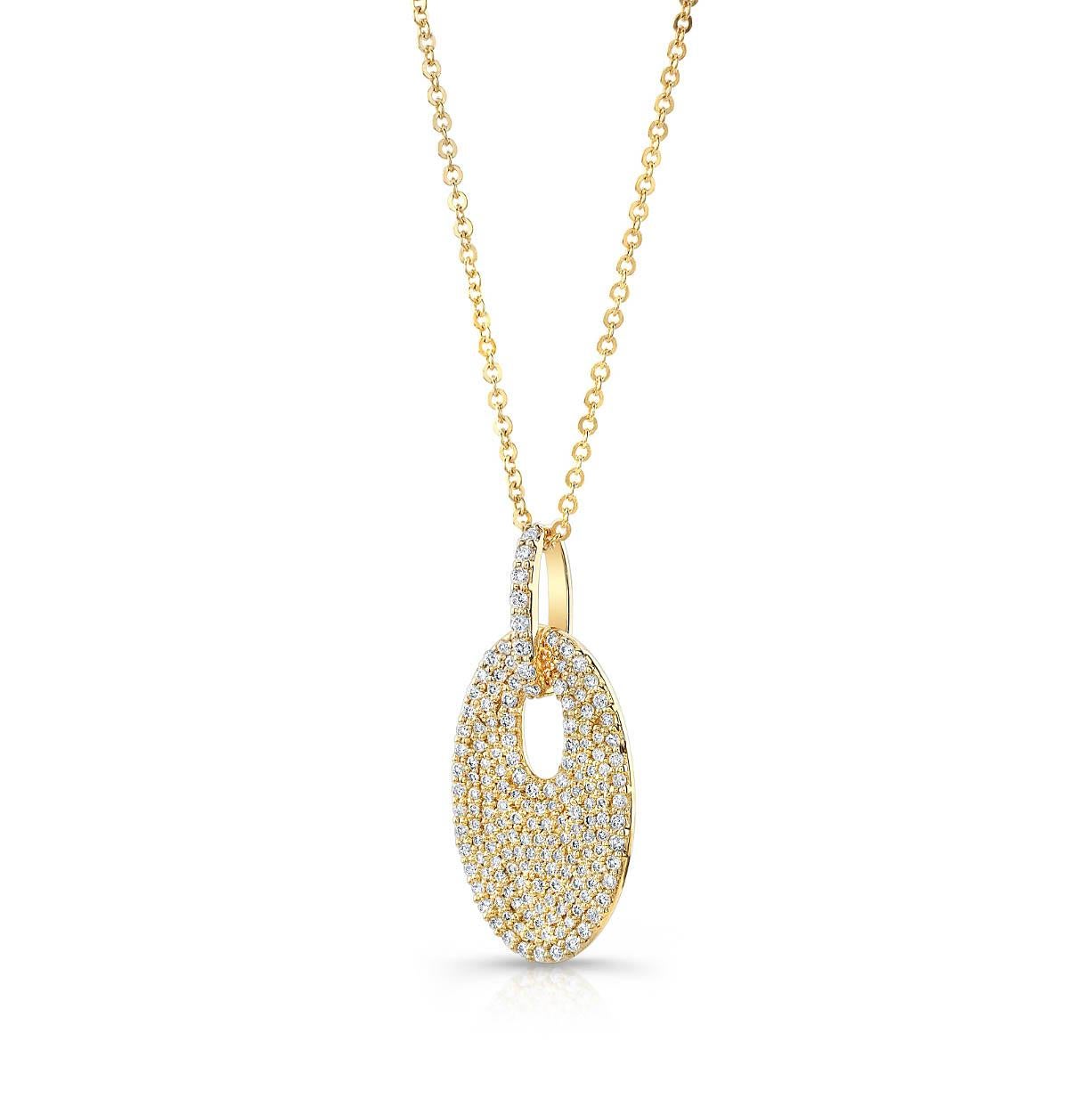 Introducing our elegant 14 karat yellow gold diamond pave oval disc pendant. This necklace features an oval design adorned with 169 round brilliant cut diamonds weighing 0.60 carats, H/I Color, VS/SI clarity exuding a captivating and refined