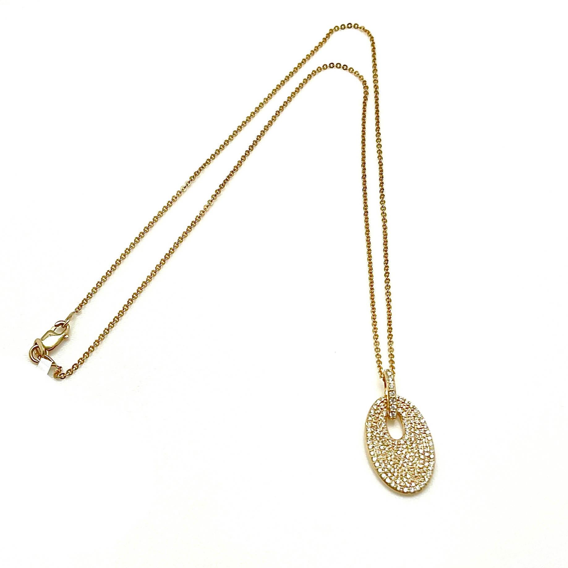 Modern Diamond Pave Oval Disc Pendant in 14 karat Yellow Gold With .60 Carat In New Condition For Sale In Wailea, HI