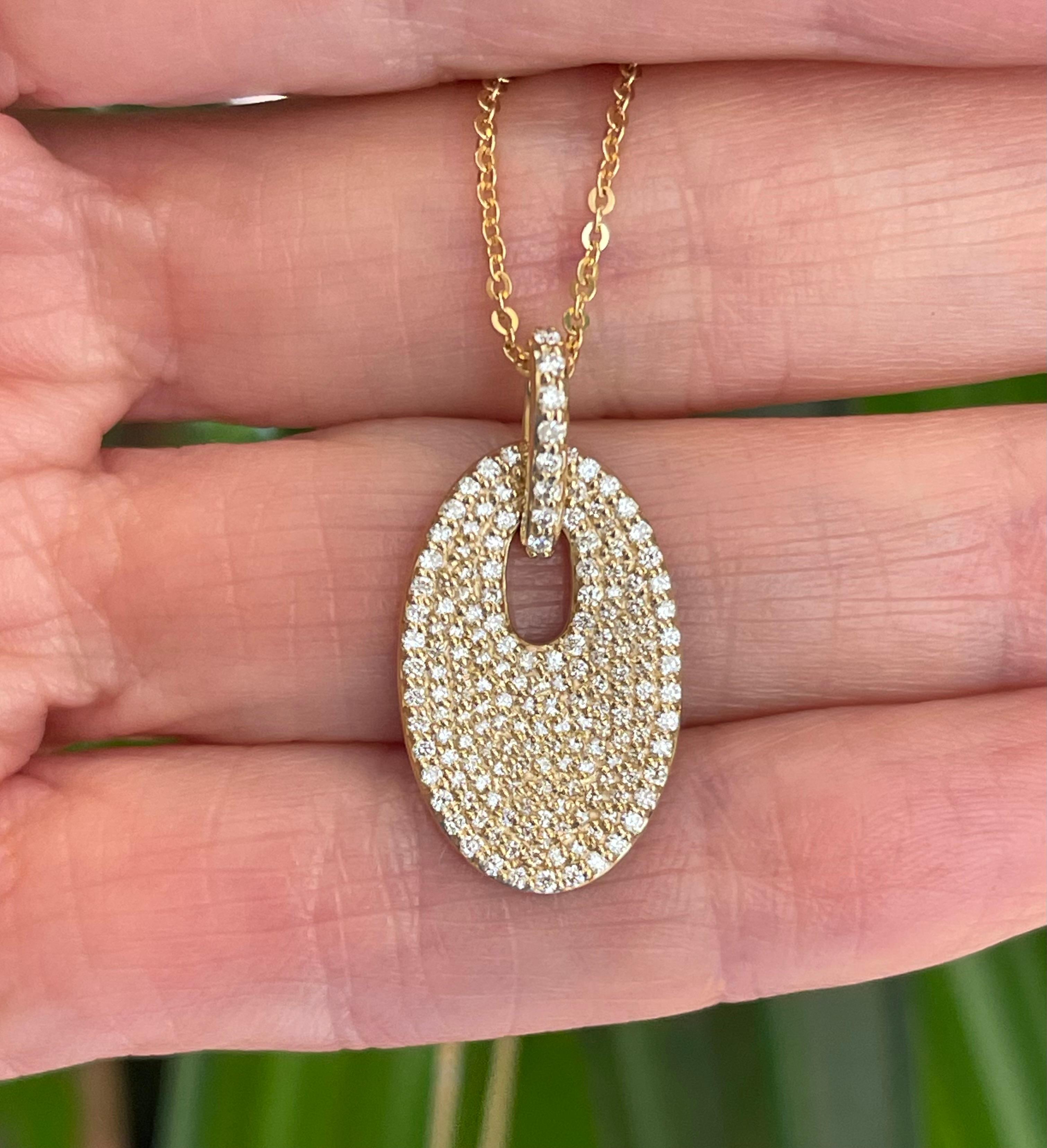 Modern Diamond Pave Oval Disc Pendant in 14 karat Yellow Gold With .60 Carat For Sale 2