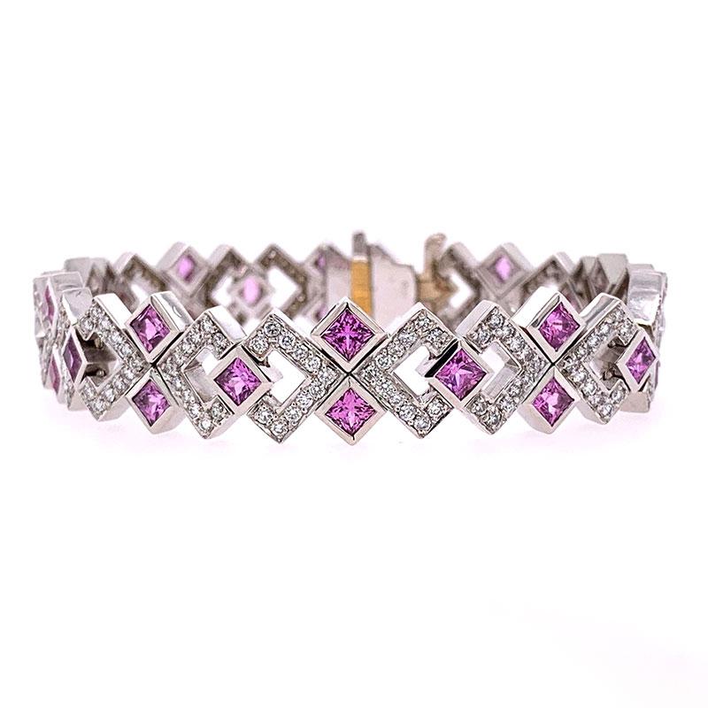 Modern Diamond Pink Sapphire Geometric Gold Bracelet In New Condition In Beverly Hills, CA