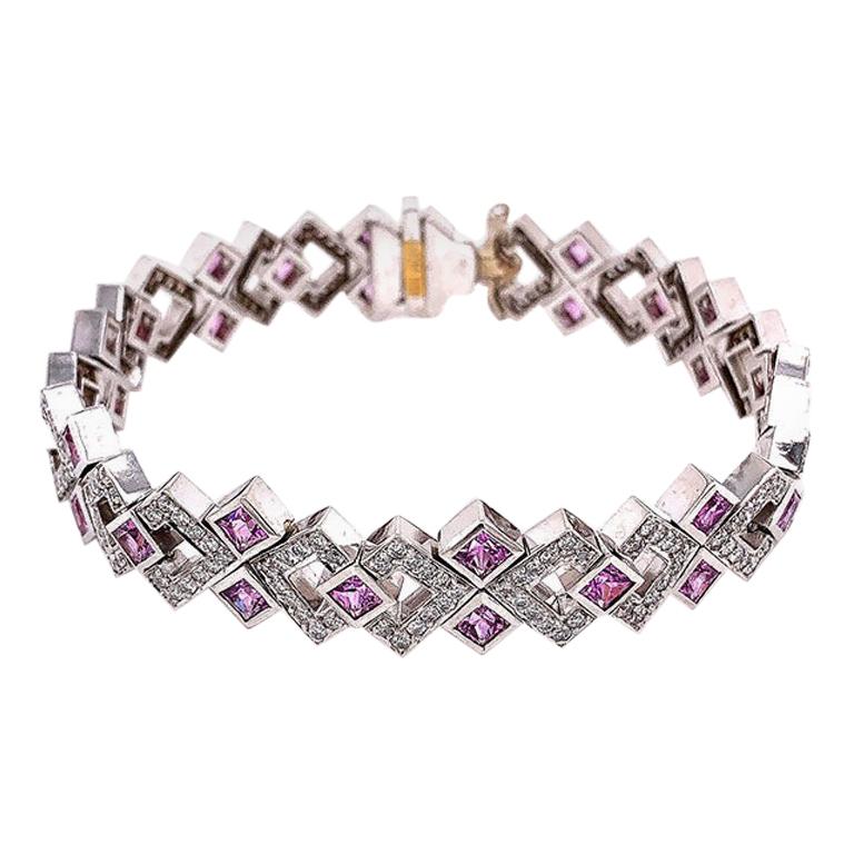 Modern Diamond Pink Sapphire Geometric Gold Bracelet