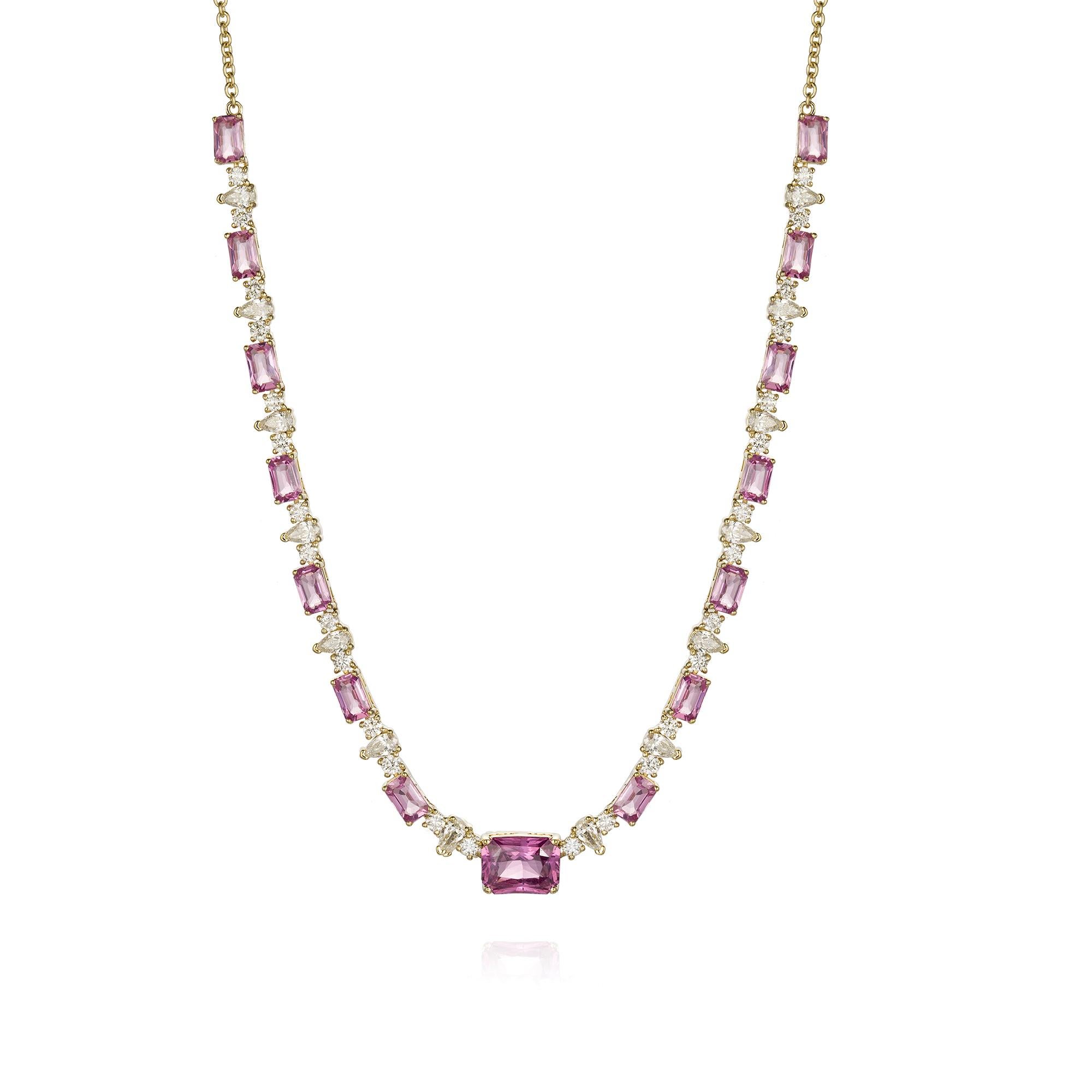 Collana con girocollo di diamanti e zaffiro rosa certificato da 2 carati con taglio smeraldo In condizioni Nuovo in vendita a Los Angeles, CA
