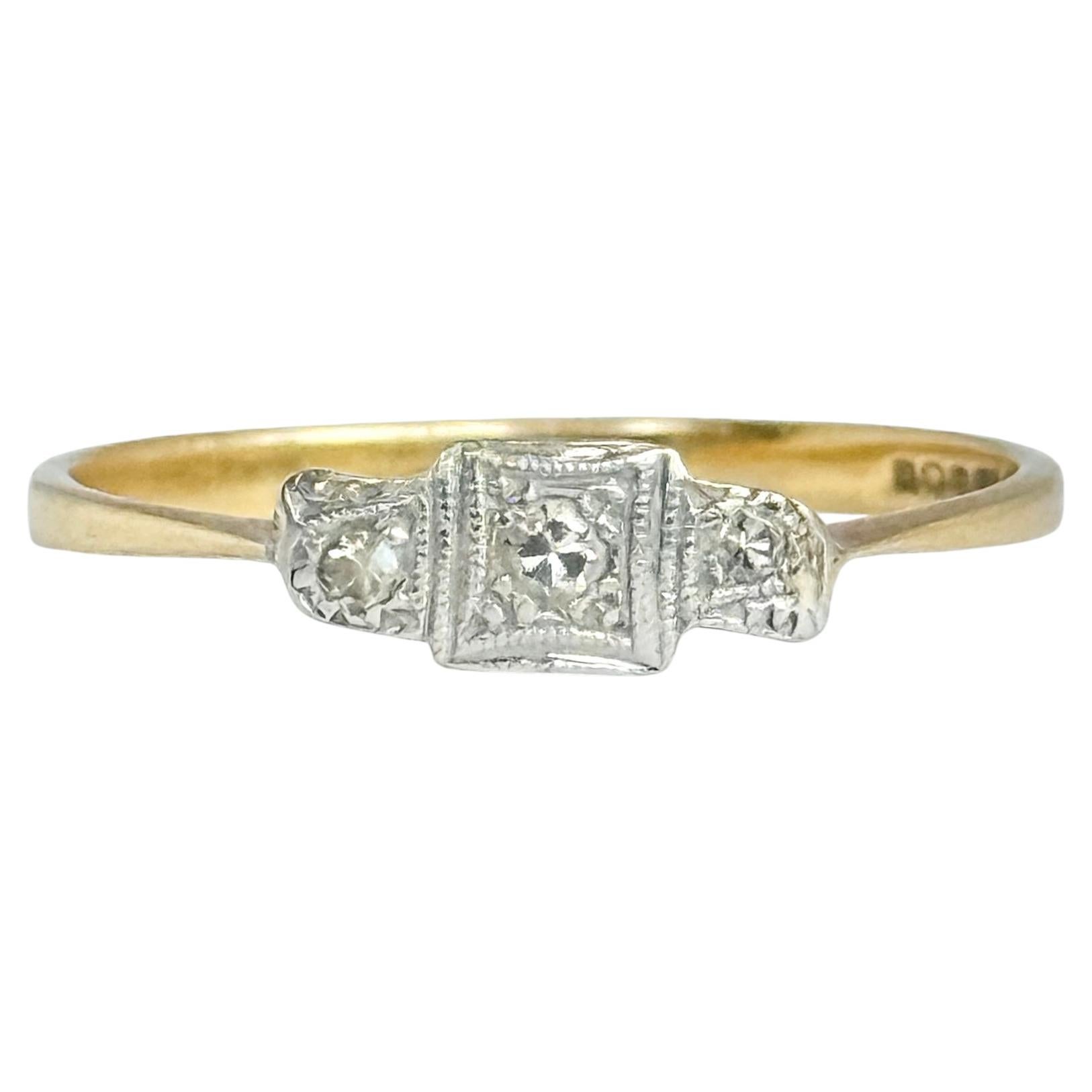 Modern Diamond Platinum and 18 Carat Gold Panel Three Stone Ring